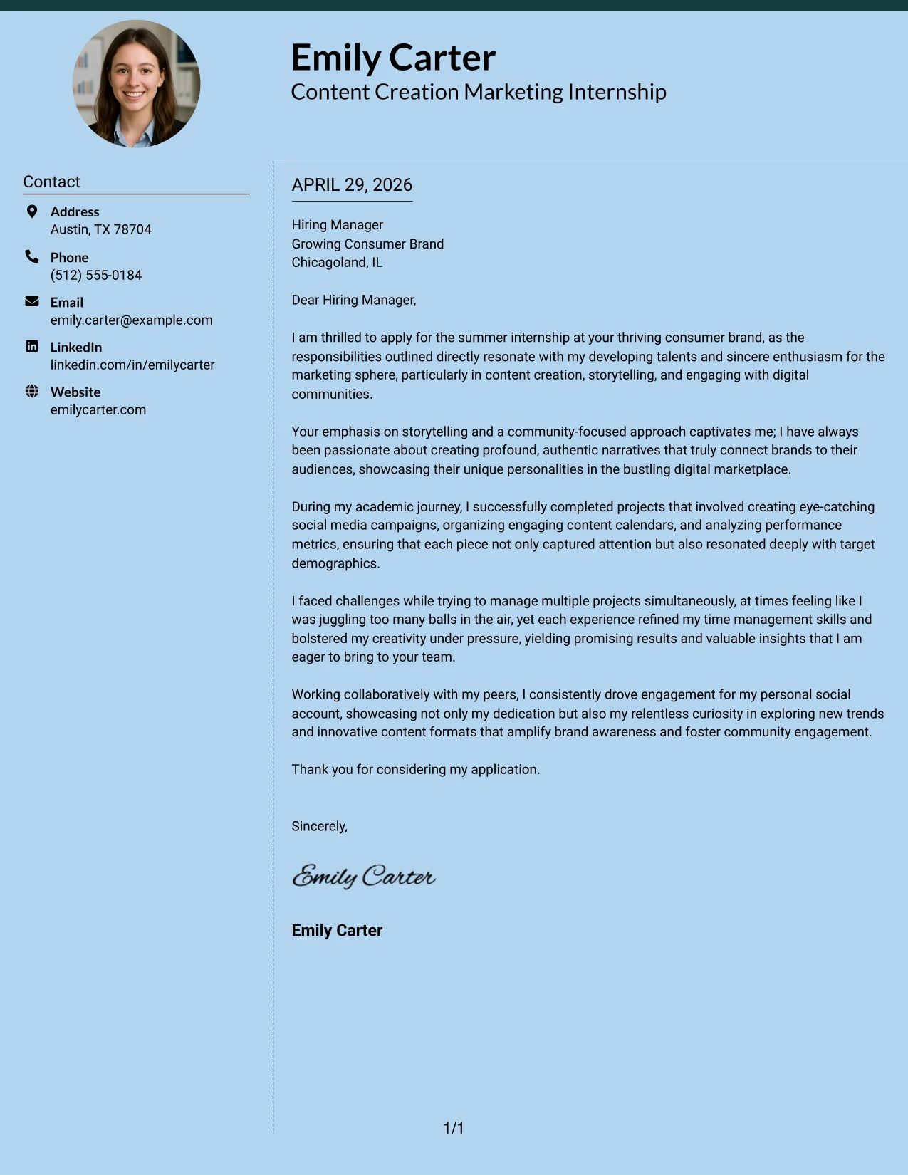 Content Creation Marketing Internship Cover Letter Example Modern Full Background Two Column Format