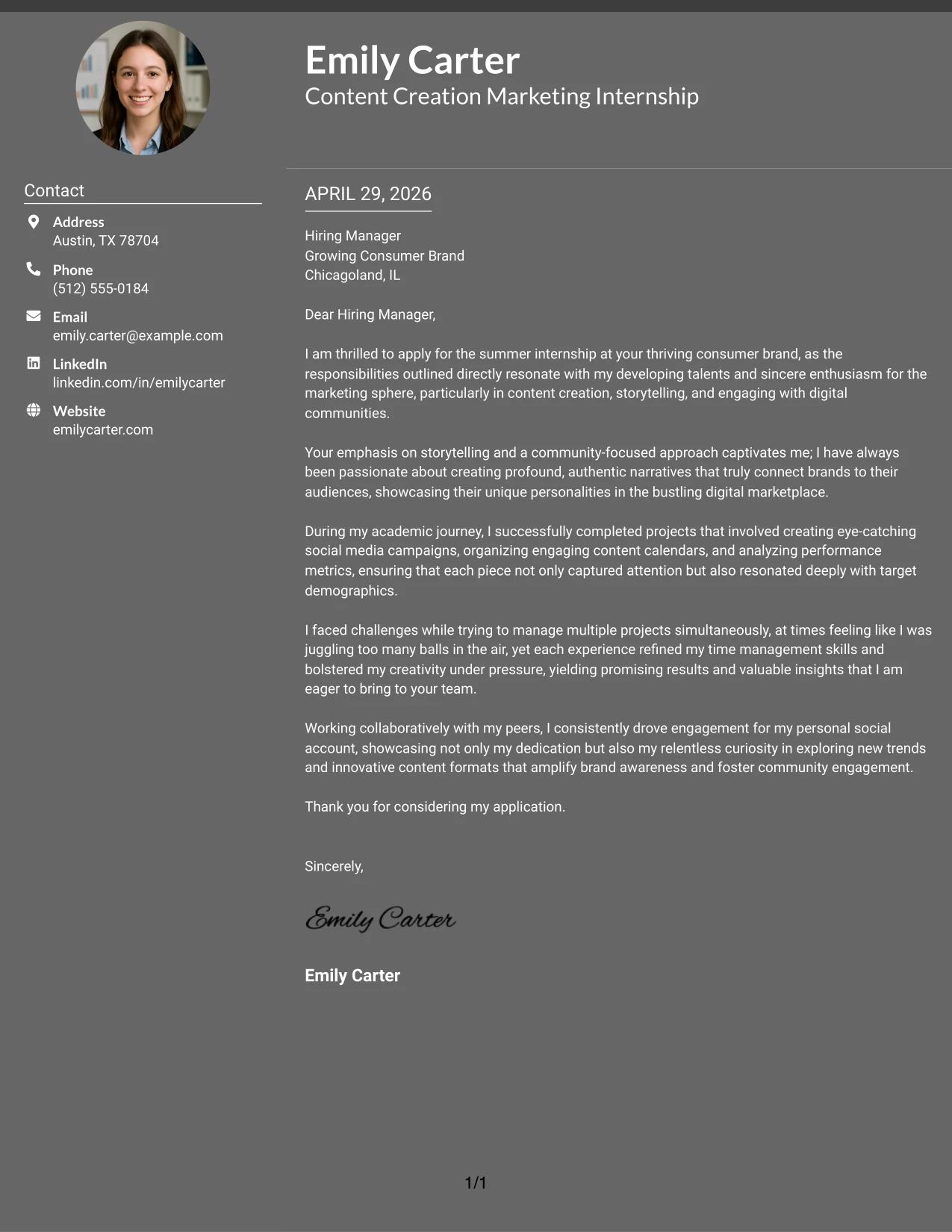 Content Creation Marketing Internship Cover Letter Example Dark Mode Two Column Format