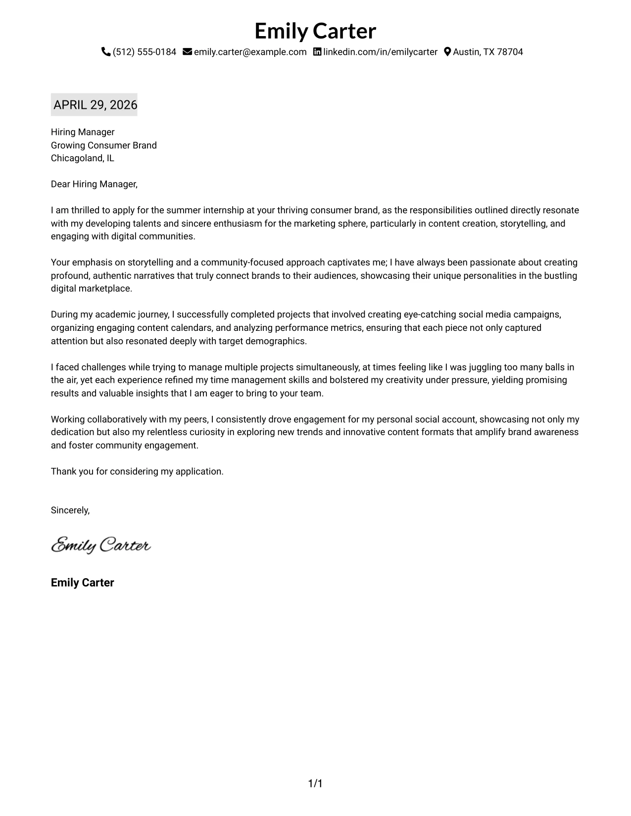 Content Creation Marketing Internship Cover Letter Example Plain One Column with Highlighted Date