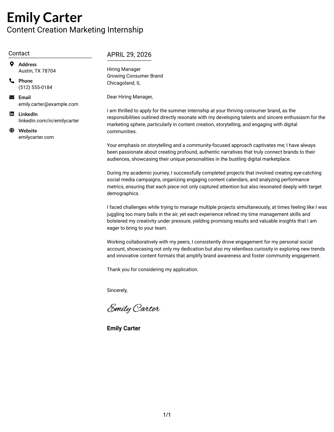 Content Creation Marketing Internship Cover Letter Example Left Aligned Header Clean Two Column Format