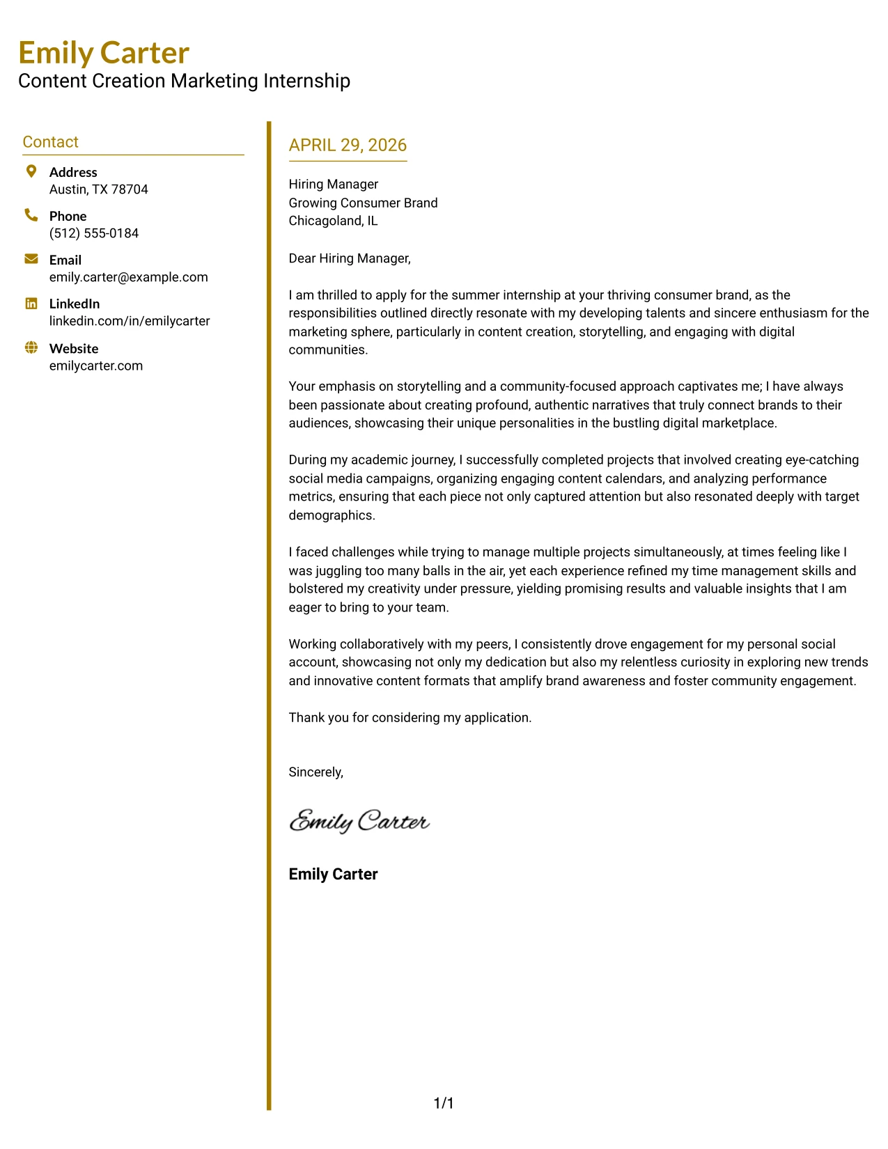 Content Creation Marketing Internship Cover Letter Example Accent Divider Modern Two Column Format