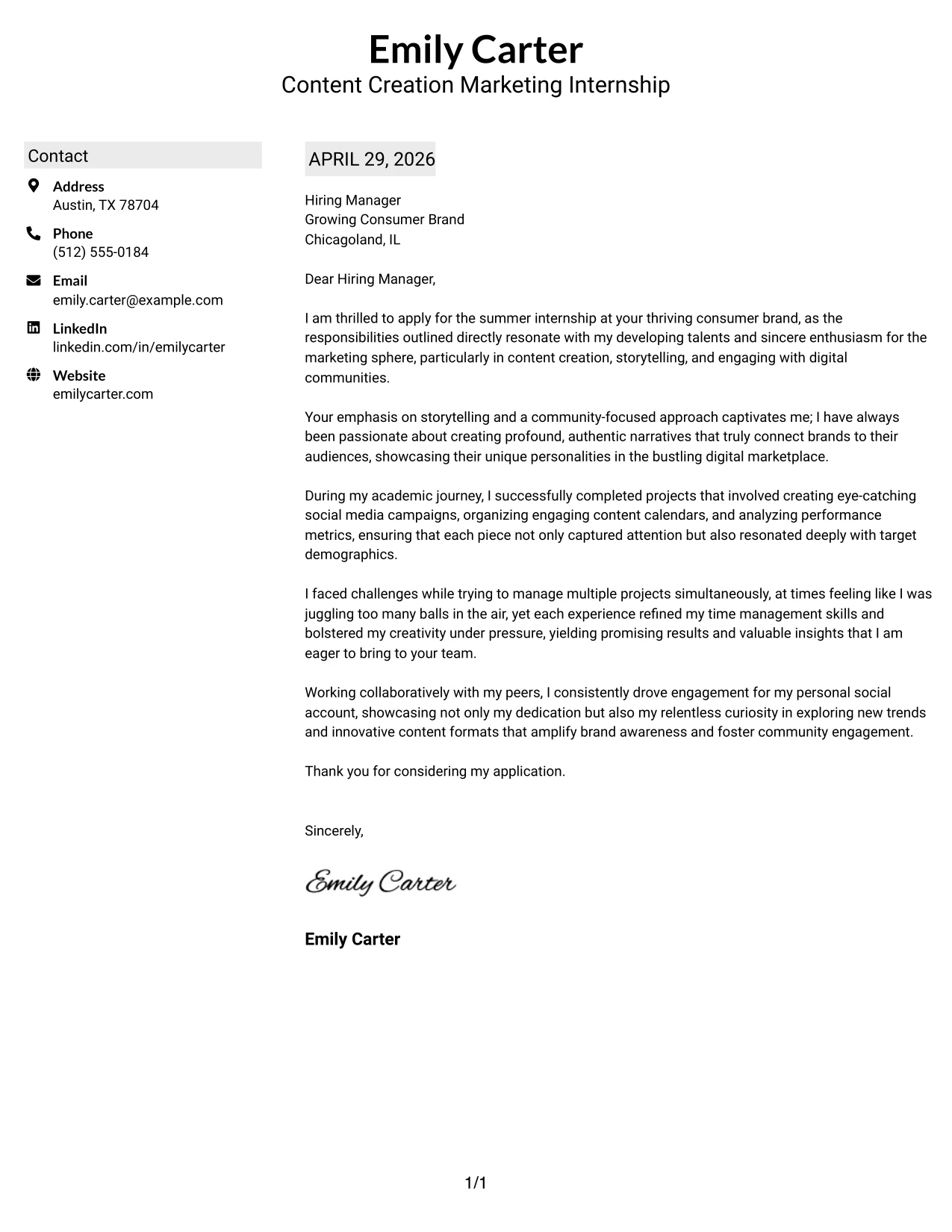 Content Creation Marketing Internship Cover Letter Example Shaded Labels Clean Two Column Format