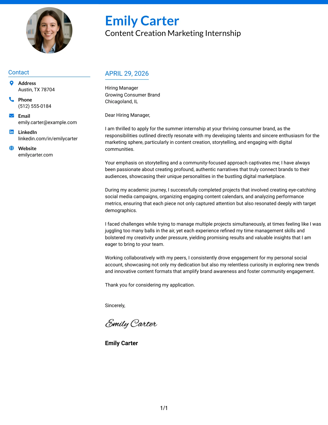 Content Creation Marketing Internship Cover Letter Example Photo Header Color Accent International Format