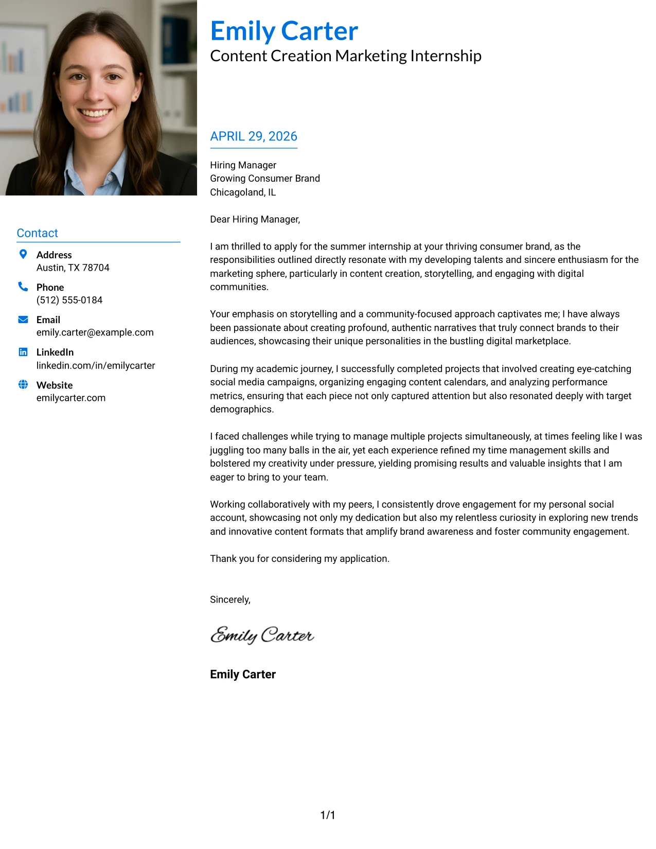 Content Creation Marketing Internship Cover Letter Example Large Profile Photo International Two Column Format