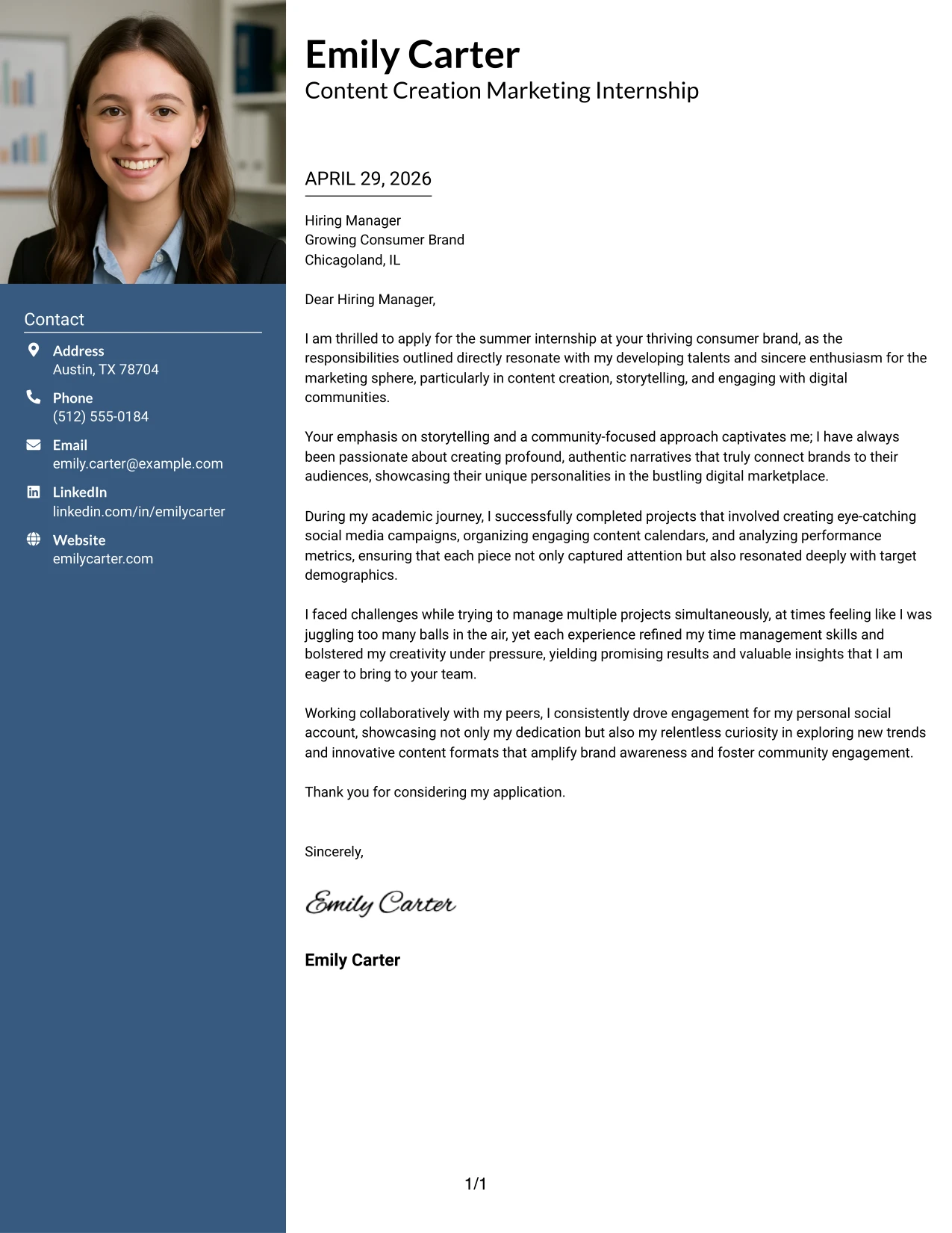 Content Creation Marketing Internship Cover Letter Example with Photo Header