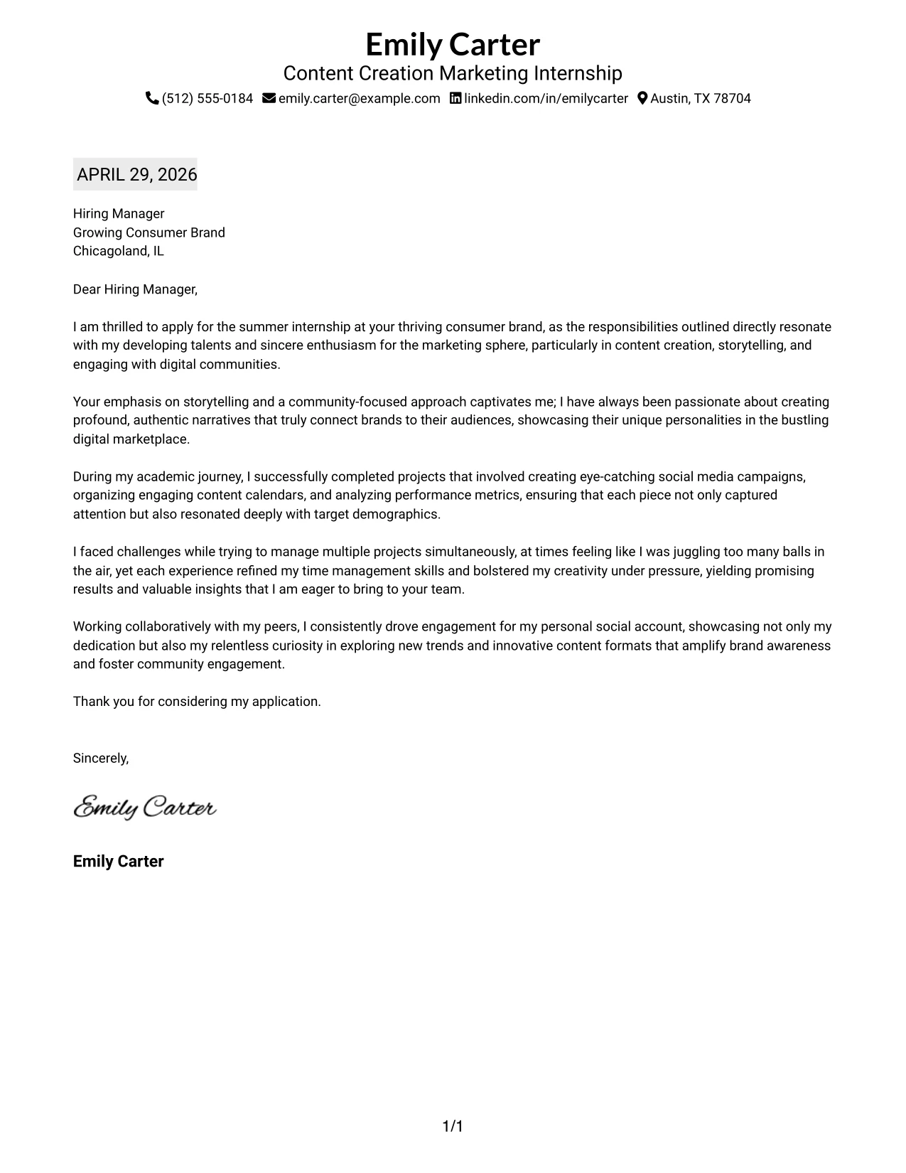 Content Creation Marketing Internship Cover Letter Example Plain Professional Layout with Job Title and Shaded Date