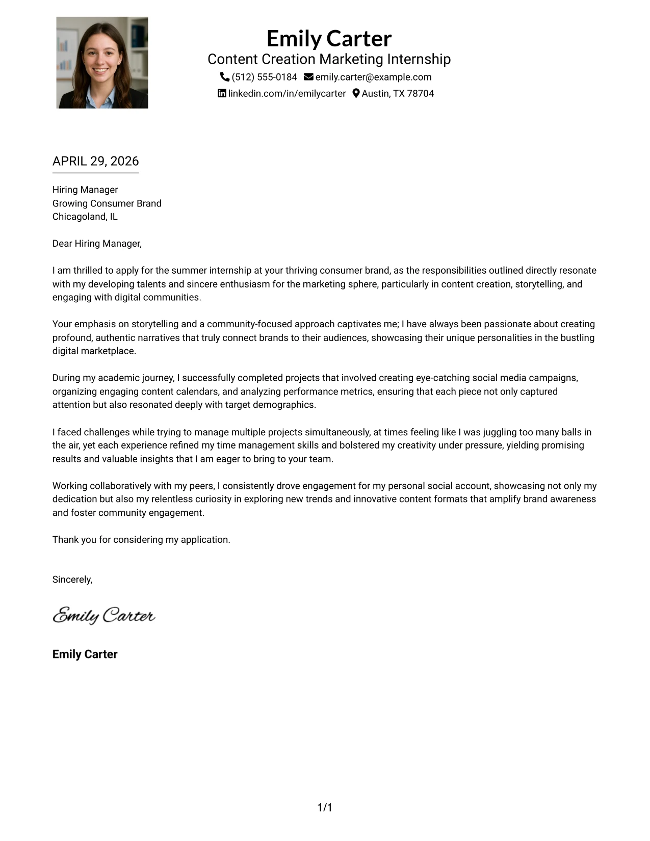 Content Creation Marketing Internship Cover Letter Example One Column Format with Photo