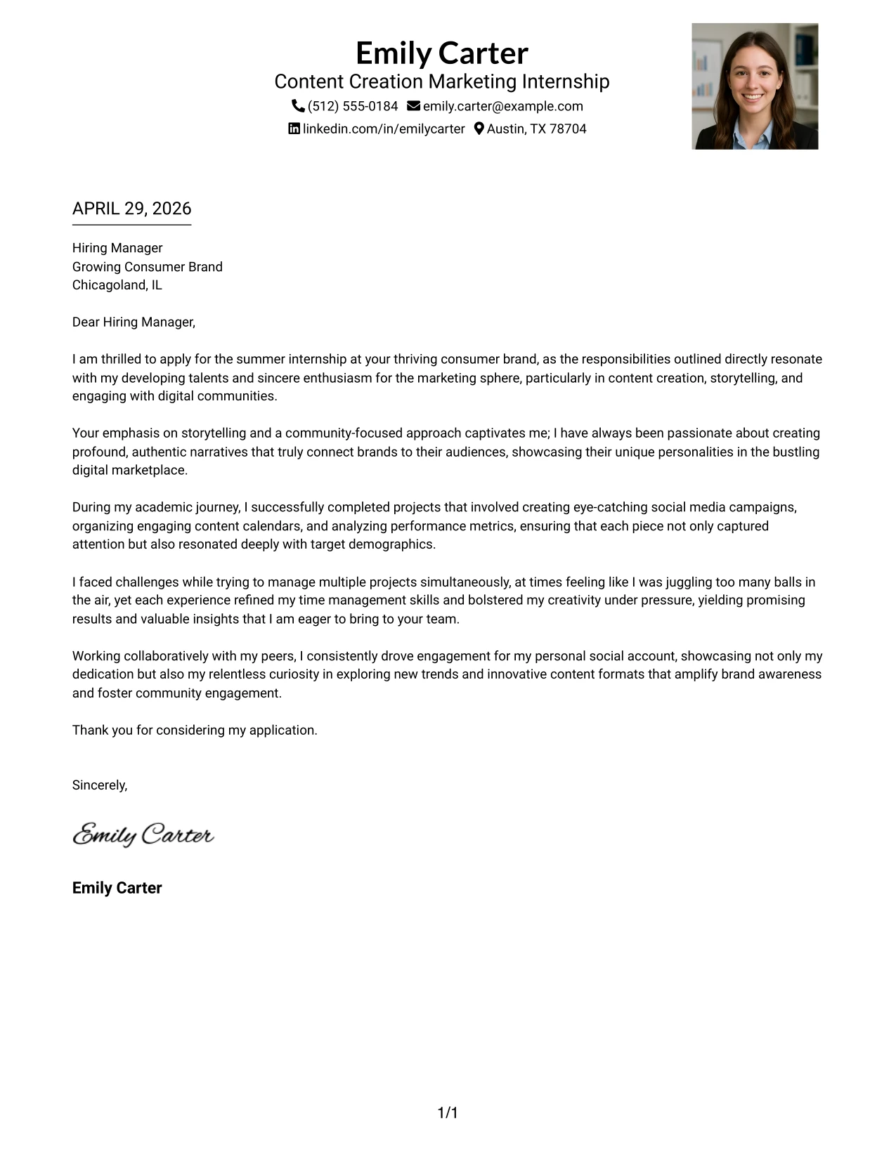 Content Creation Marketing Internship Cover Letter Example One Column Format with Photo Right