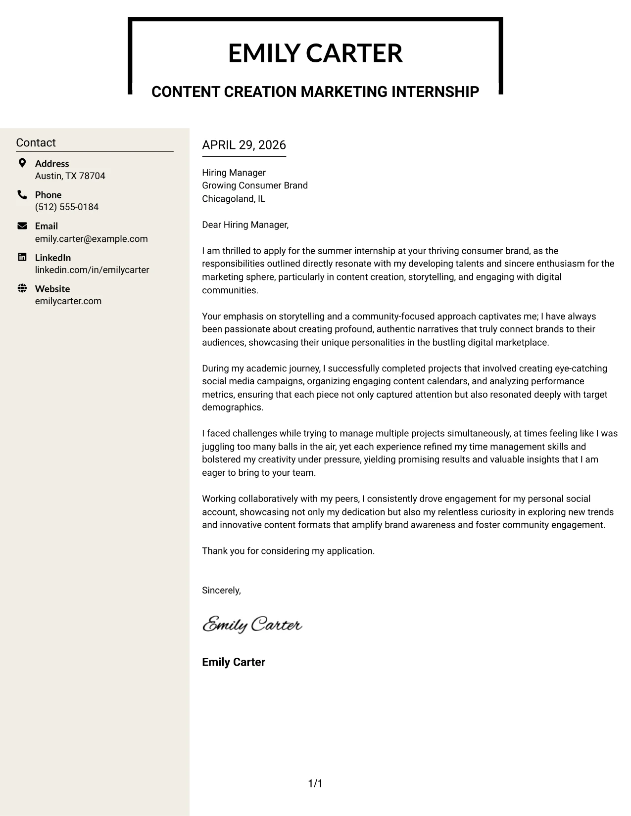 Content Creation Marketing Internship Cover Letter Example Stylish Two Column Designer Format