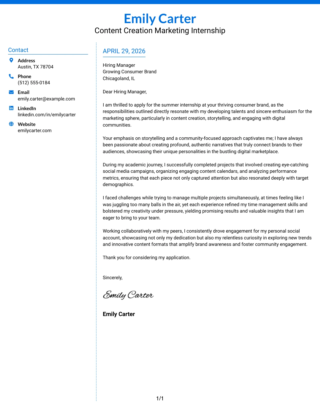 Content Creation Marketing Internship Cover Letter Example Colored Two Column Format