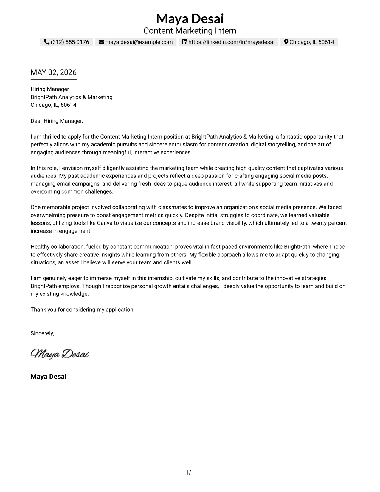 Content Marketing Intern Cover Letter Example