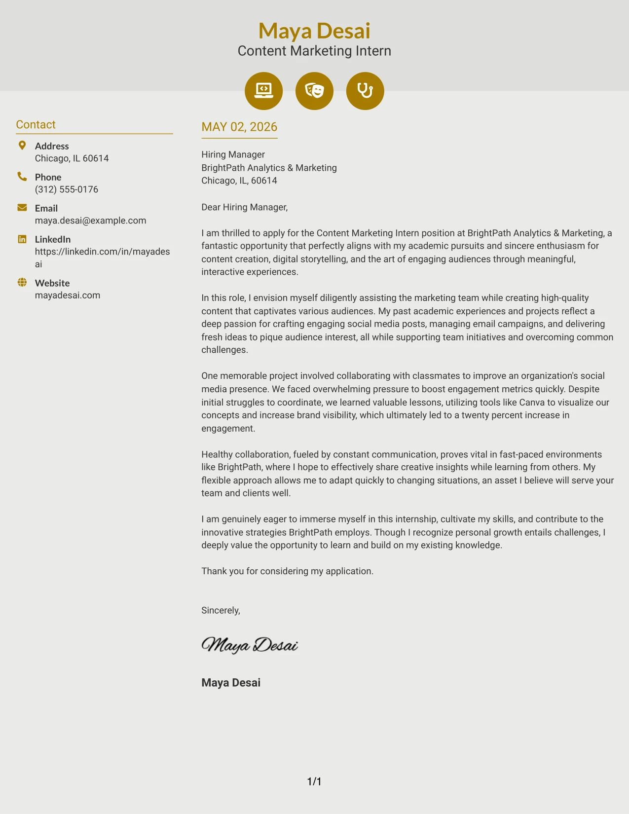 Content Marketing Intern Cover Letter Example Modern Icon Format