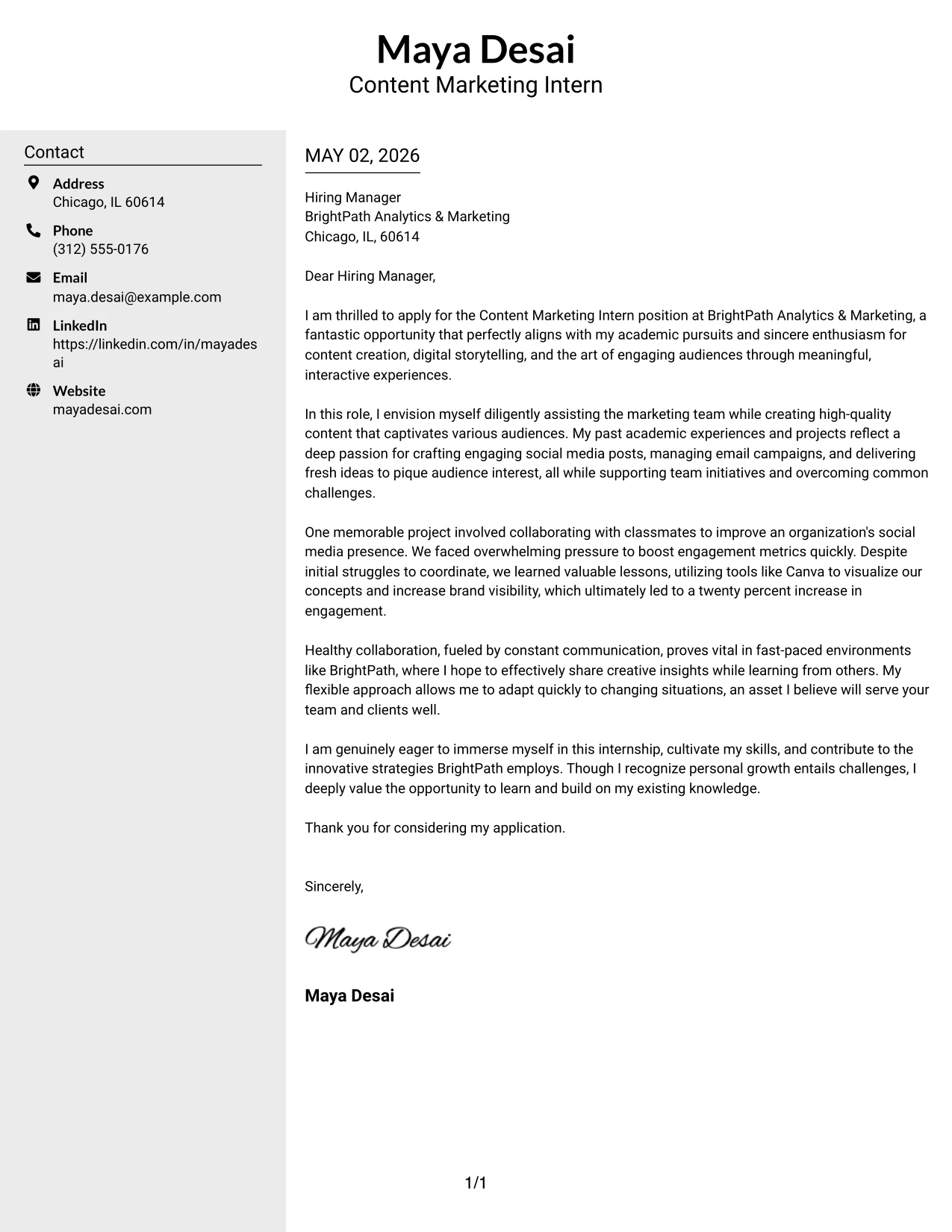 Content Marketing Intern Cover Letter Example Clean Two Column Sidebar Format