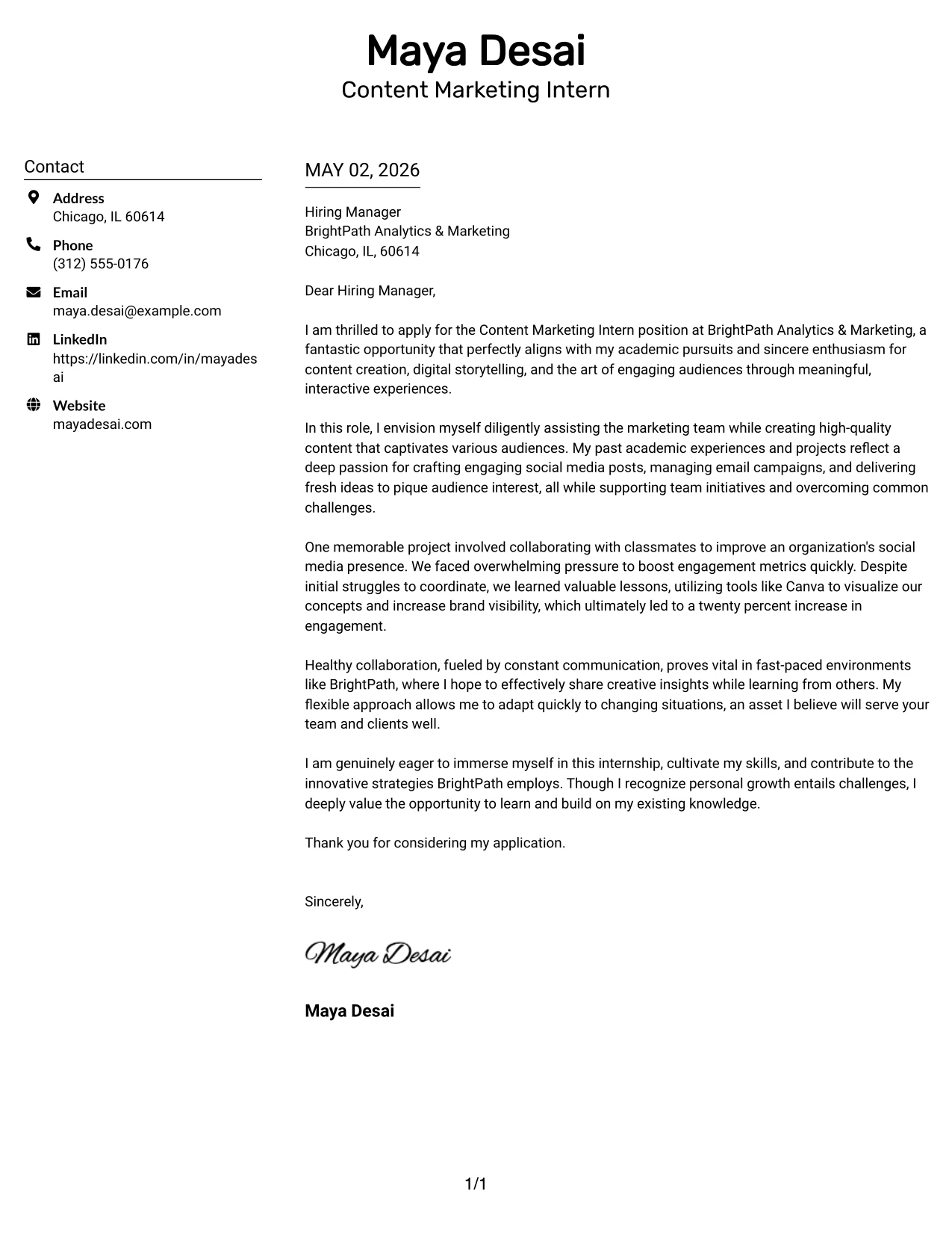 Content Marketing Intern Cover Letter Example Plain Two Column Format