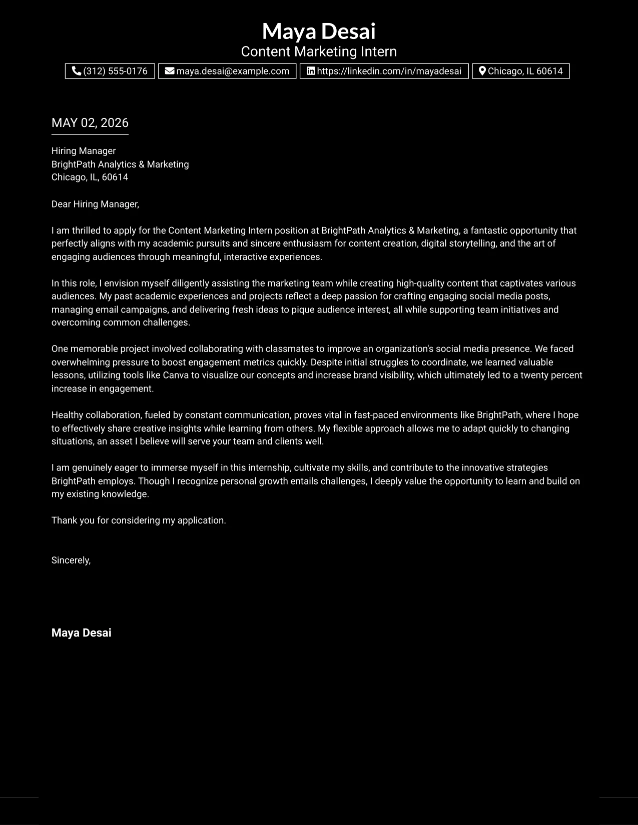 Content Marketing Intern Cover Letter Example Dark Mode Box Header Format