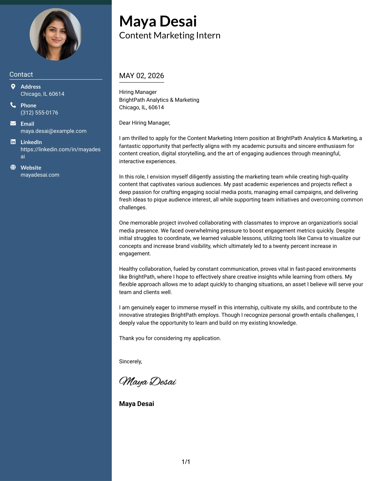 Content Marketing Intern Cover Letter Example