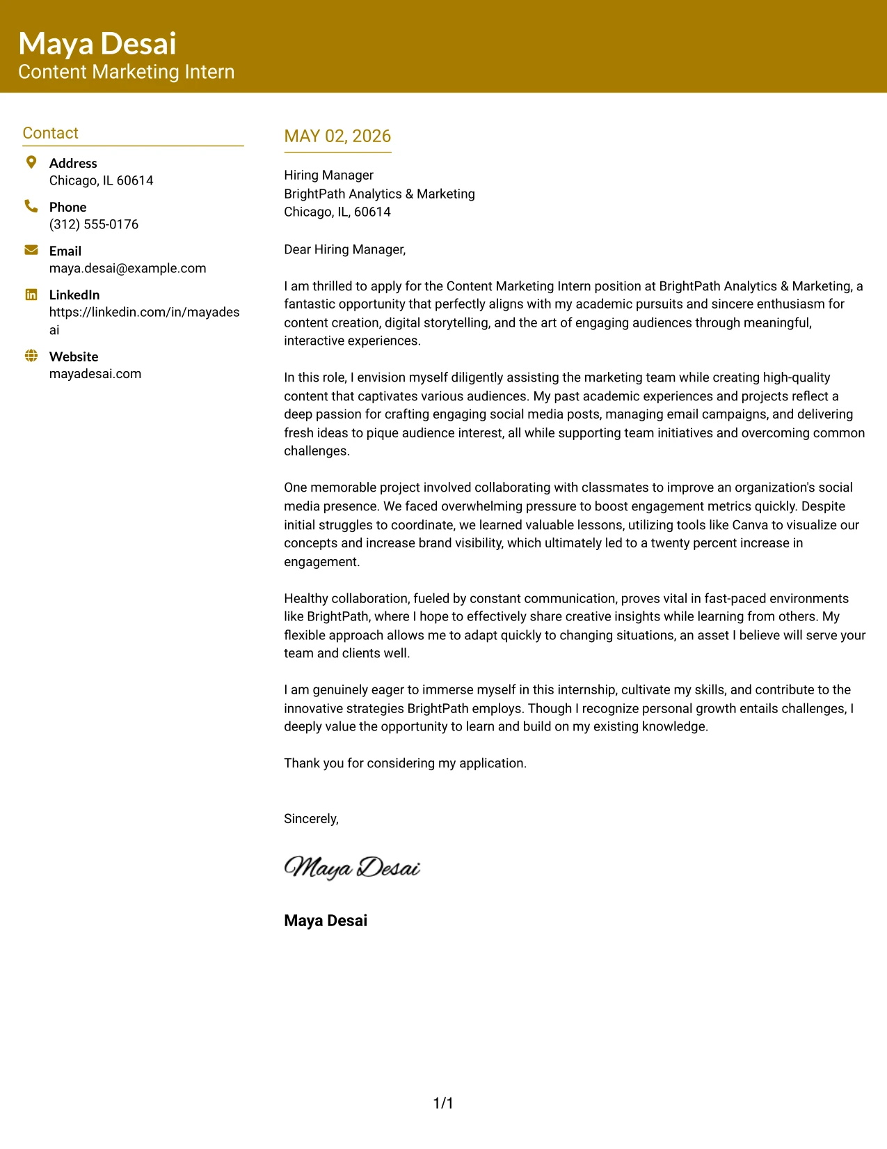 Content Marketing Intern Cover Letter Example Bold Color Header Professional Format