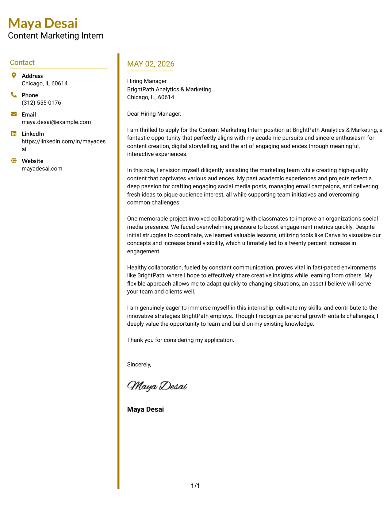 Content Marketing Intern Cover Letter Example Accent Divider Modern Two Column Format