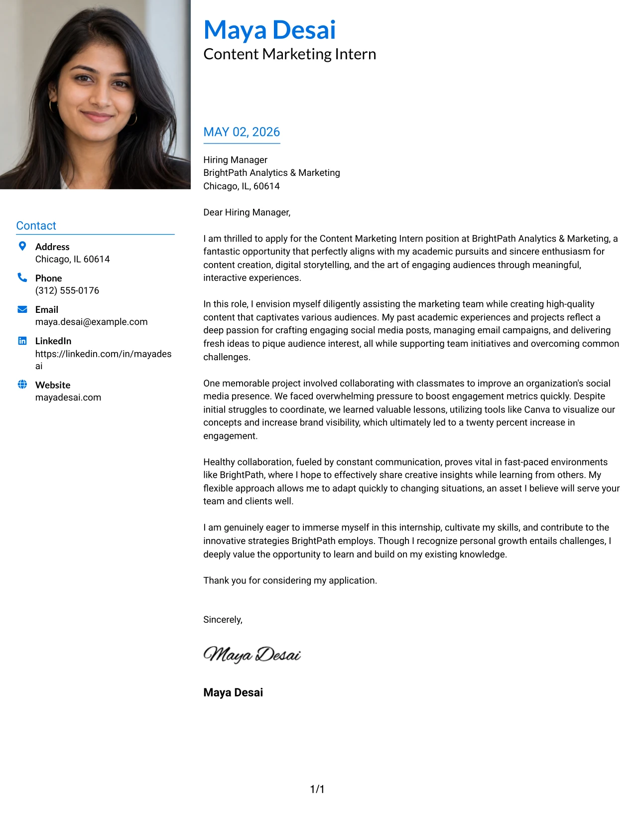 Content Marketing Intern Cover Letter Example Large Profile Photo International Two Column Format