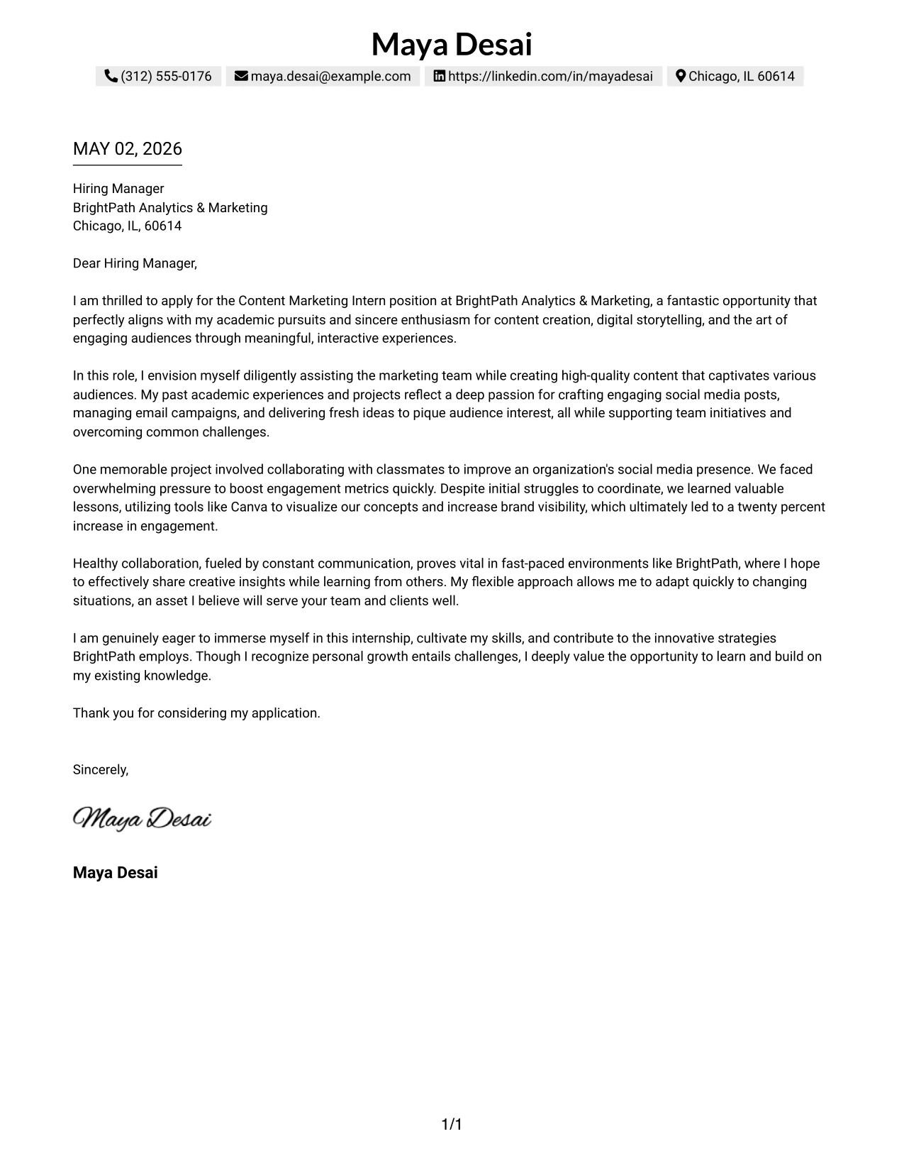 Content Marketing Intern Cover Letter Example One Column Shaded Contact Header Format