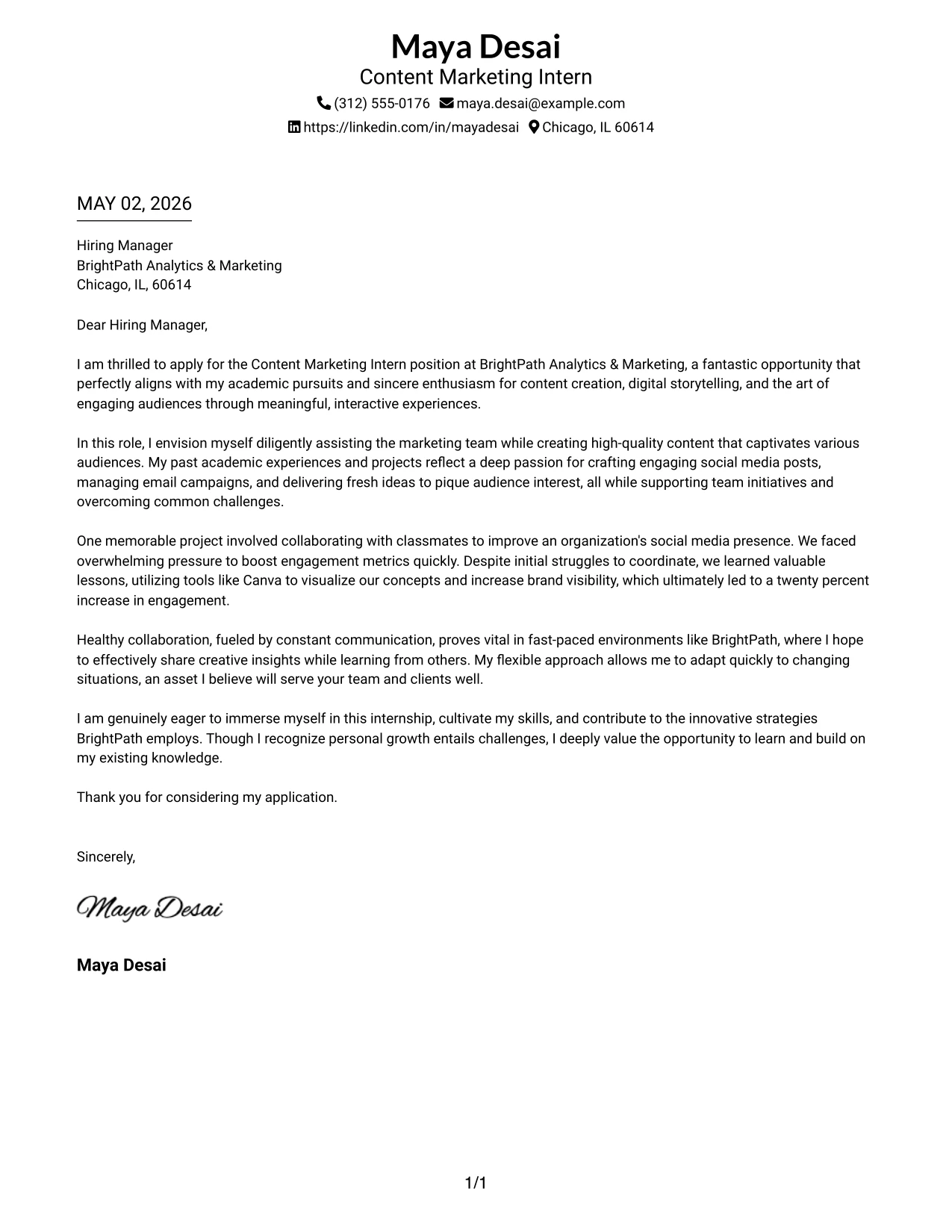 Content Marketing Intern Cover Letter Example with Two-Line Contact Header and Underlined Date Format