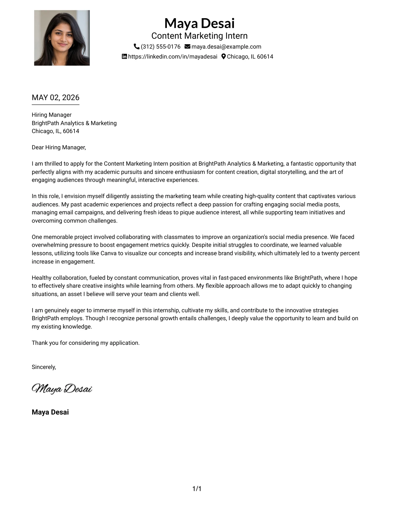Content Marketing Intern Cover Letter Example One Column Format with Photo