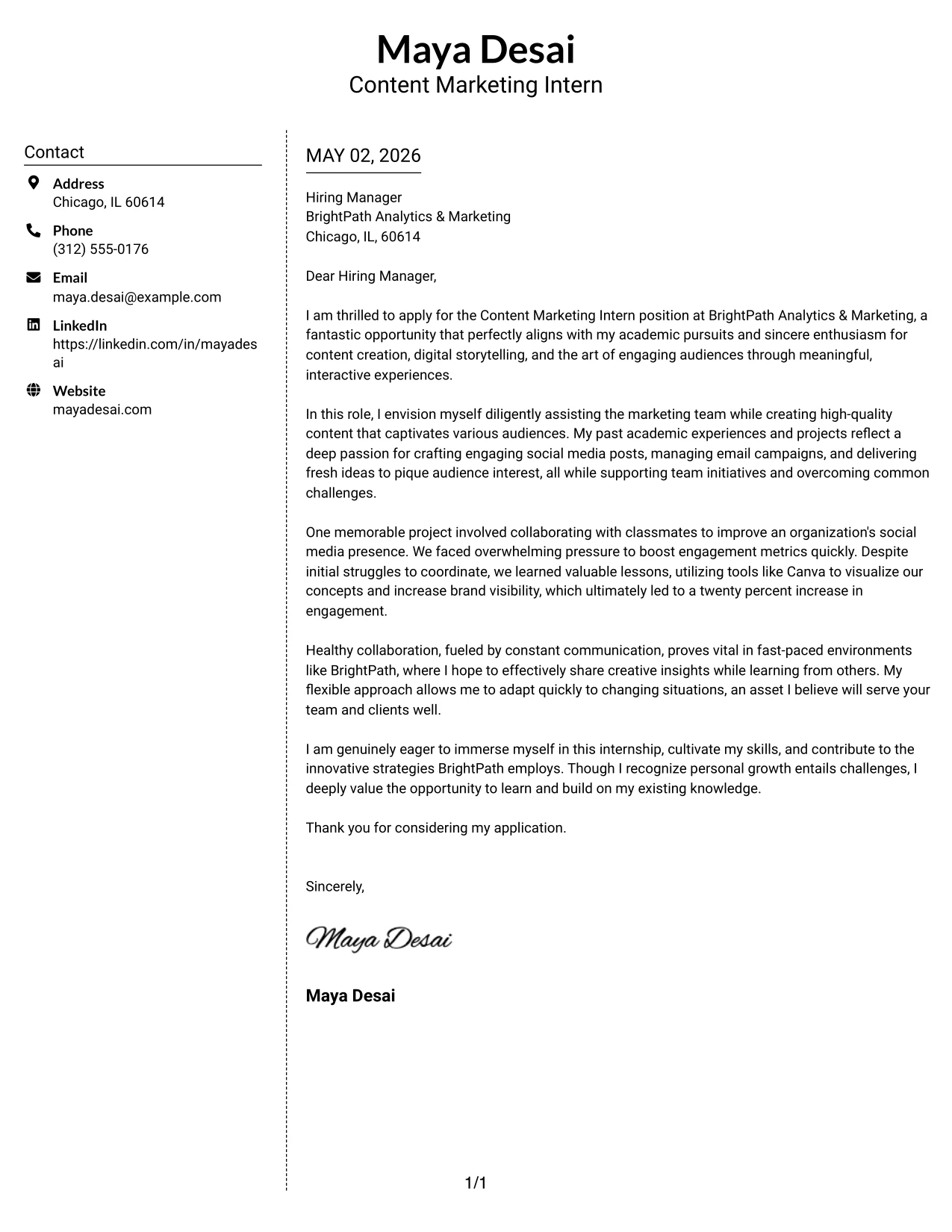 Content Marketing Intern Cover Letter Example Simple Two Column Format