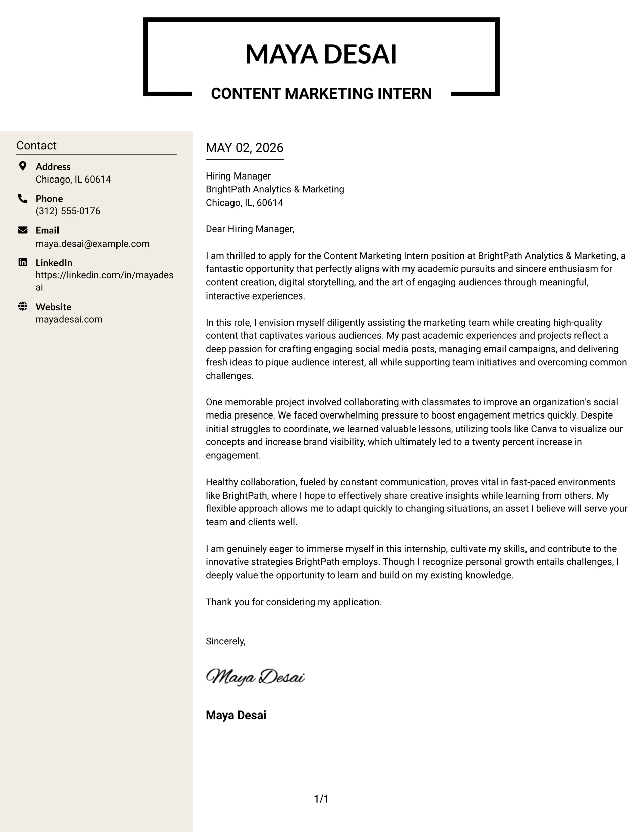 Content Marketing Intern Cover Letter Example Stylish Two Column Designer Format