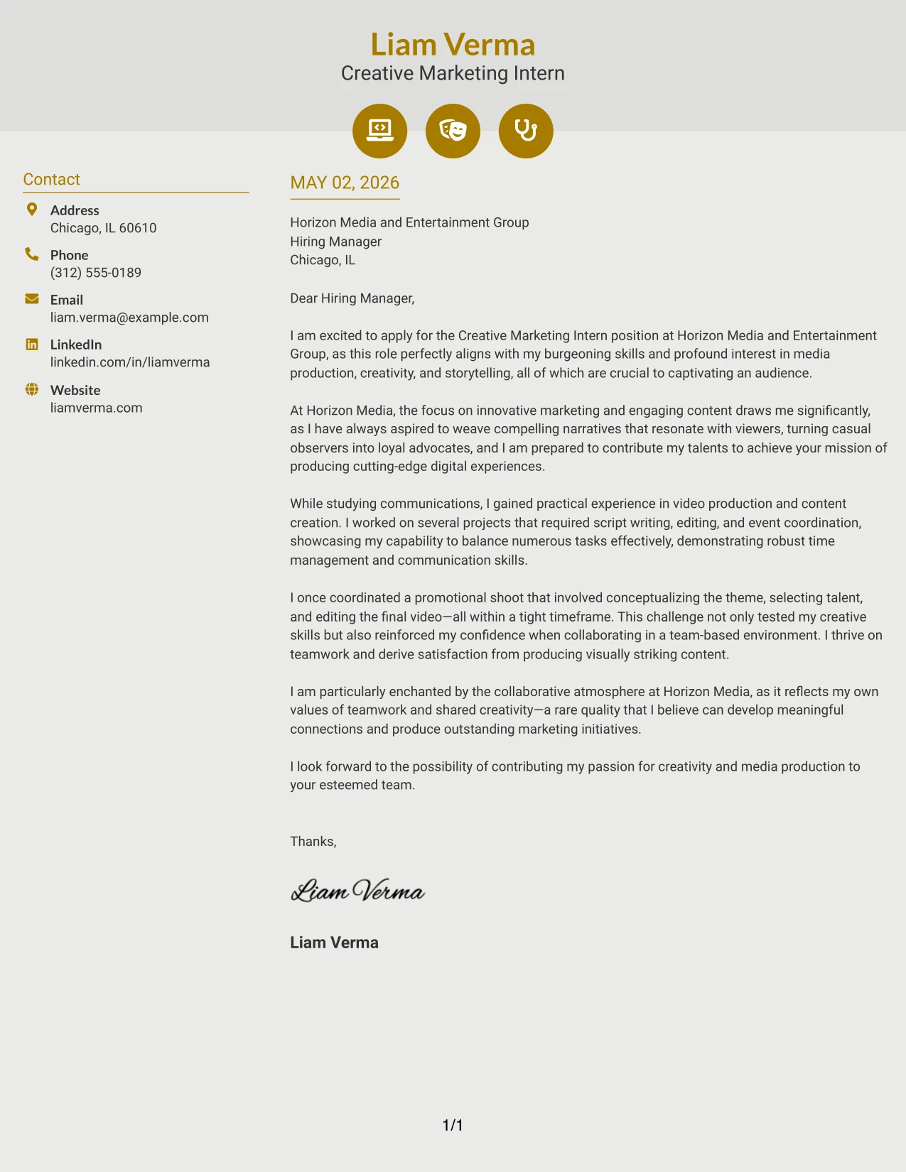 Creative Marketing Intern Cover Letter Example Modern Icon Format