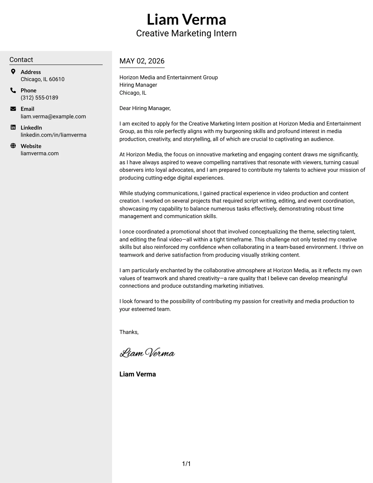 Creative Marketing Intern Cover Letter Example Clean Two Column Sidebar Format