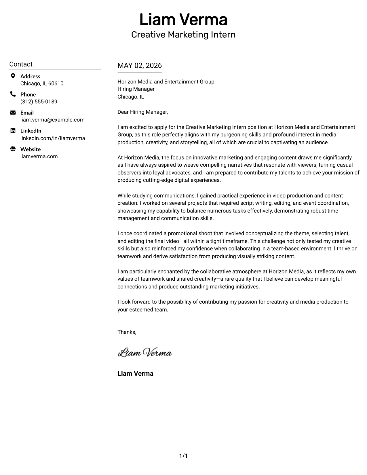 Creative Marketing Intern Cover Letter Example Plain Two Column Format