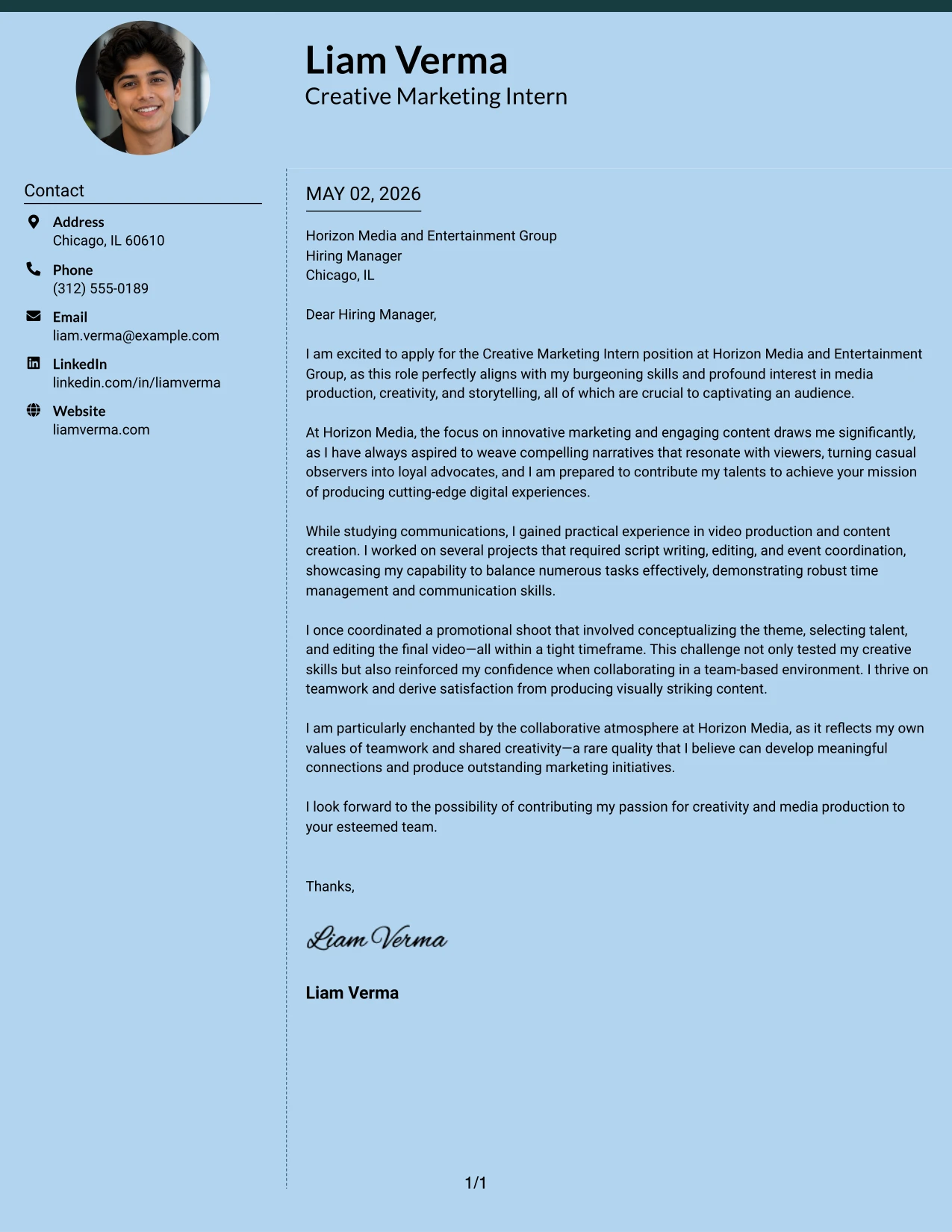 Creative Marketing Intern Cover Letter Example Modern Full Background Two Column Format