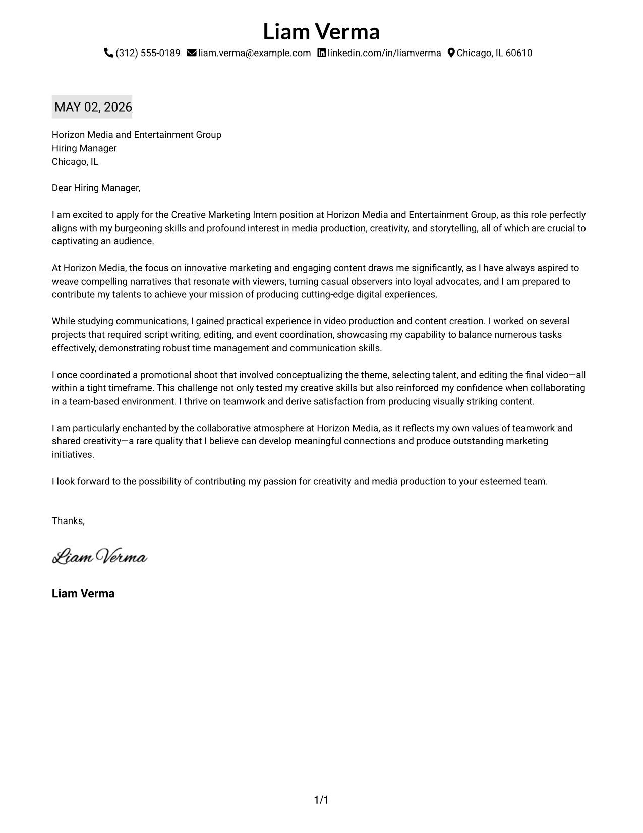 Creative Marketing Intern Cover Letter Example Plain One Column with Highlighted Date