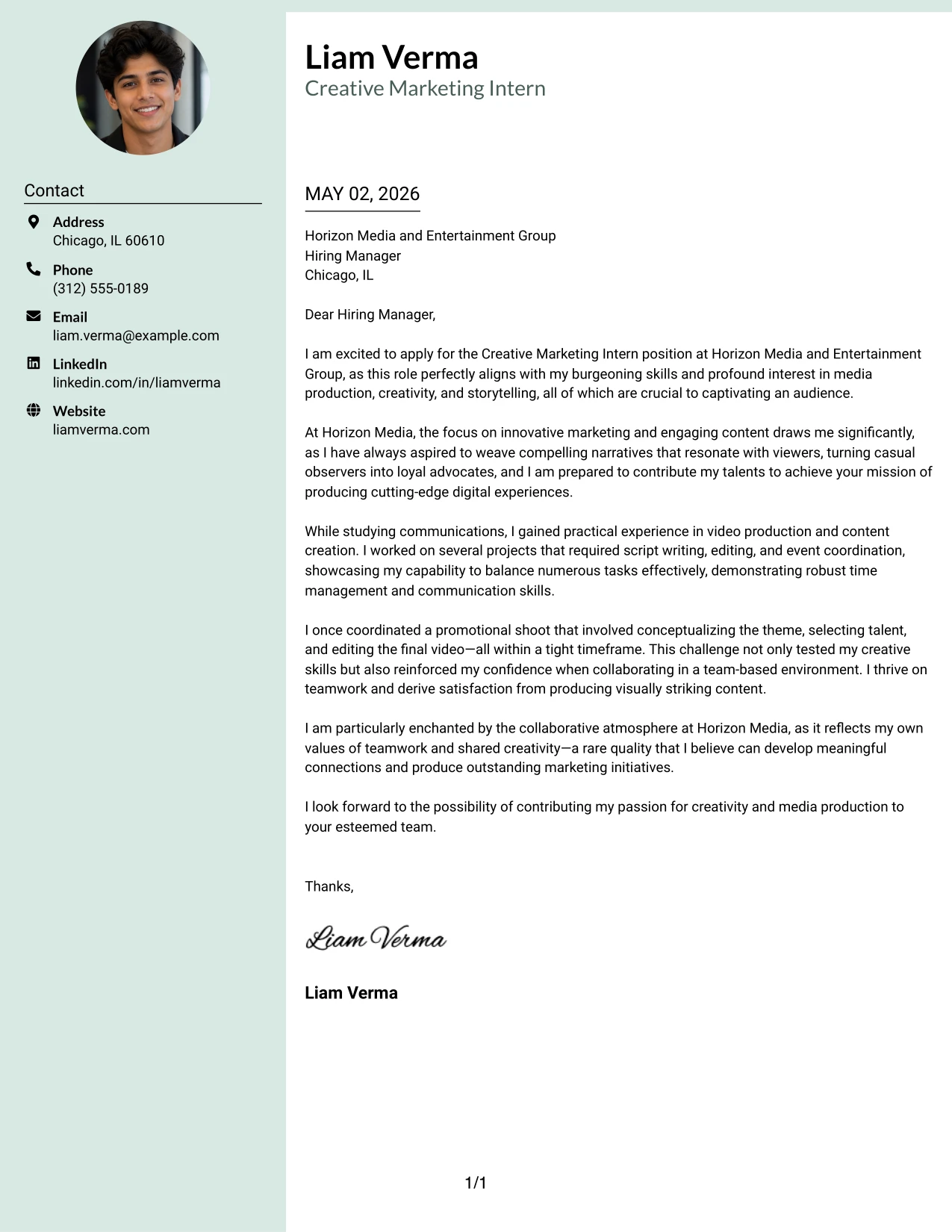 Creative Marketing Intern Cover Letter Example Photo Header Color Sidebar Format