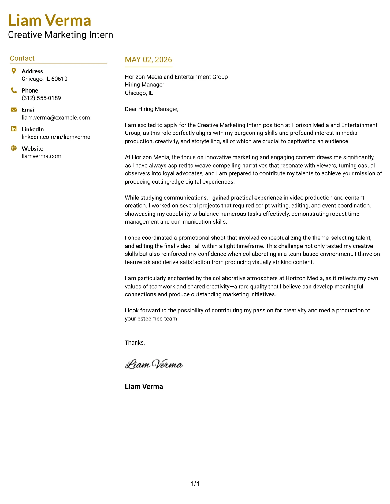 Creative Marketing Intern Cover Letter Example Top Left Header Color Accent Format