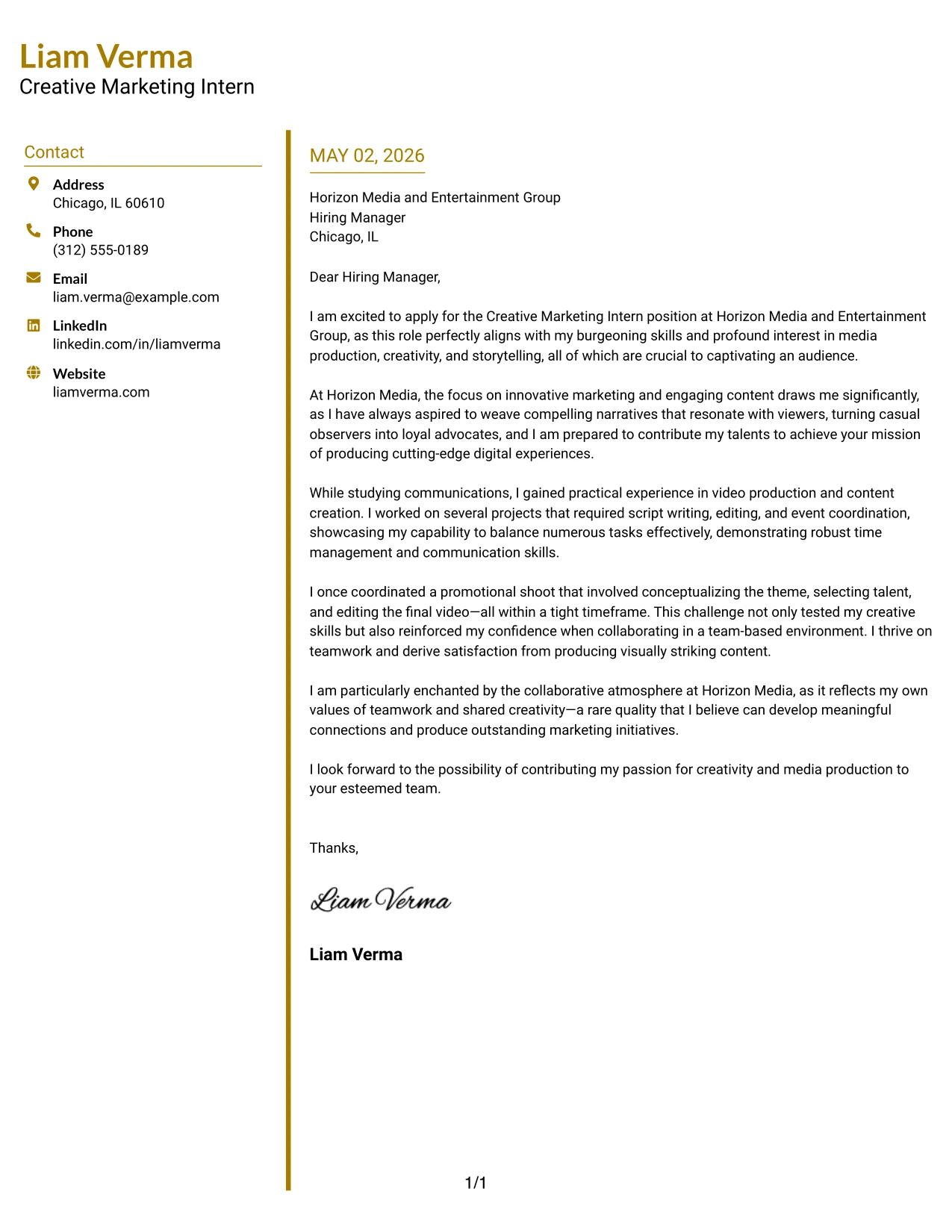 Creative Marketing Intern Cover Letter Example Accent Divider Modern Two Column Format