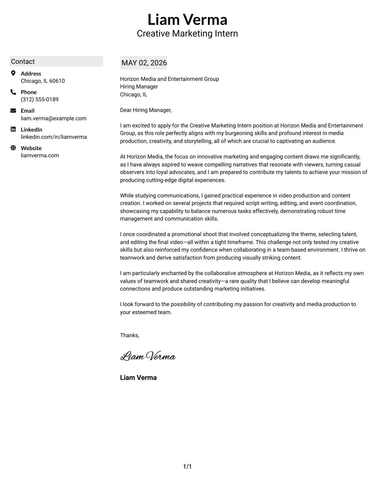 Creative Marketing Intern Cover Letter Example Shaded Labels Clean Two Column Format