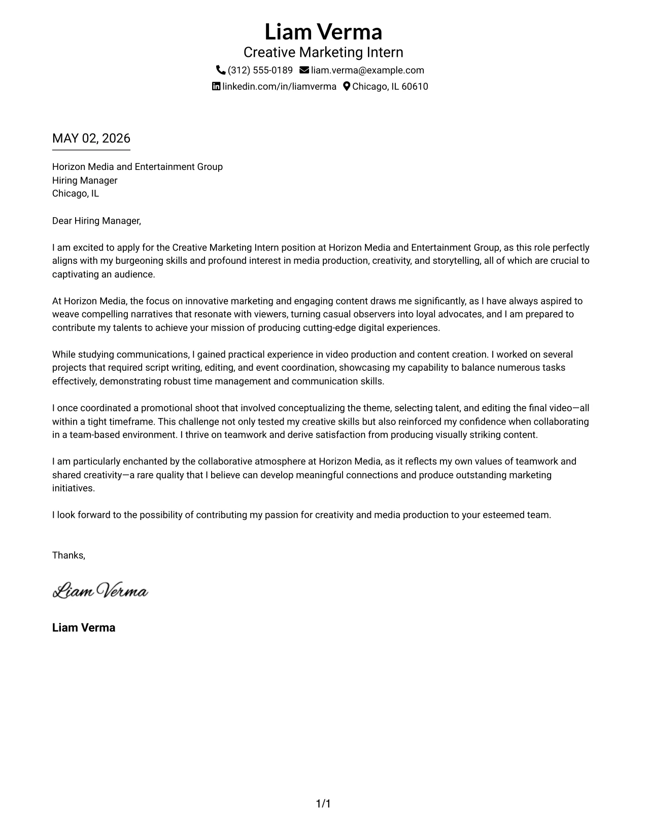 Creative Marketing Intern Cover Letter Example Two-Line Contact Header with Underlined Date Format