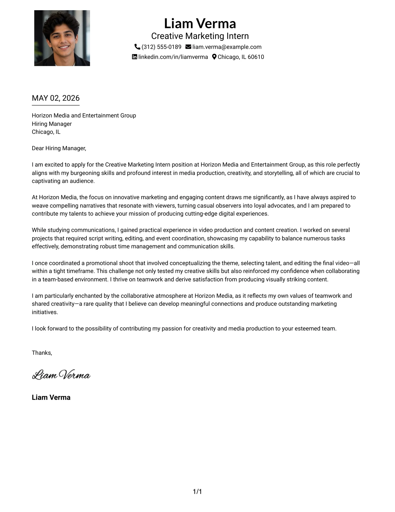 Creative Marketing Intern Cover Letter Example One Column Format with Photo