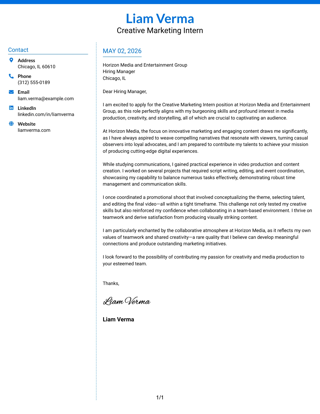 Creative Marketing Intern Cover Letter Example Colored Two Column Format