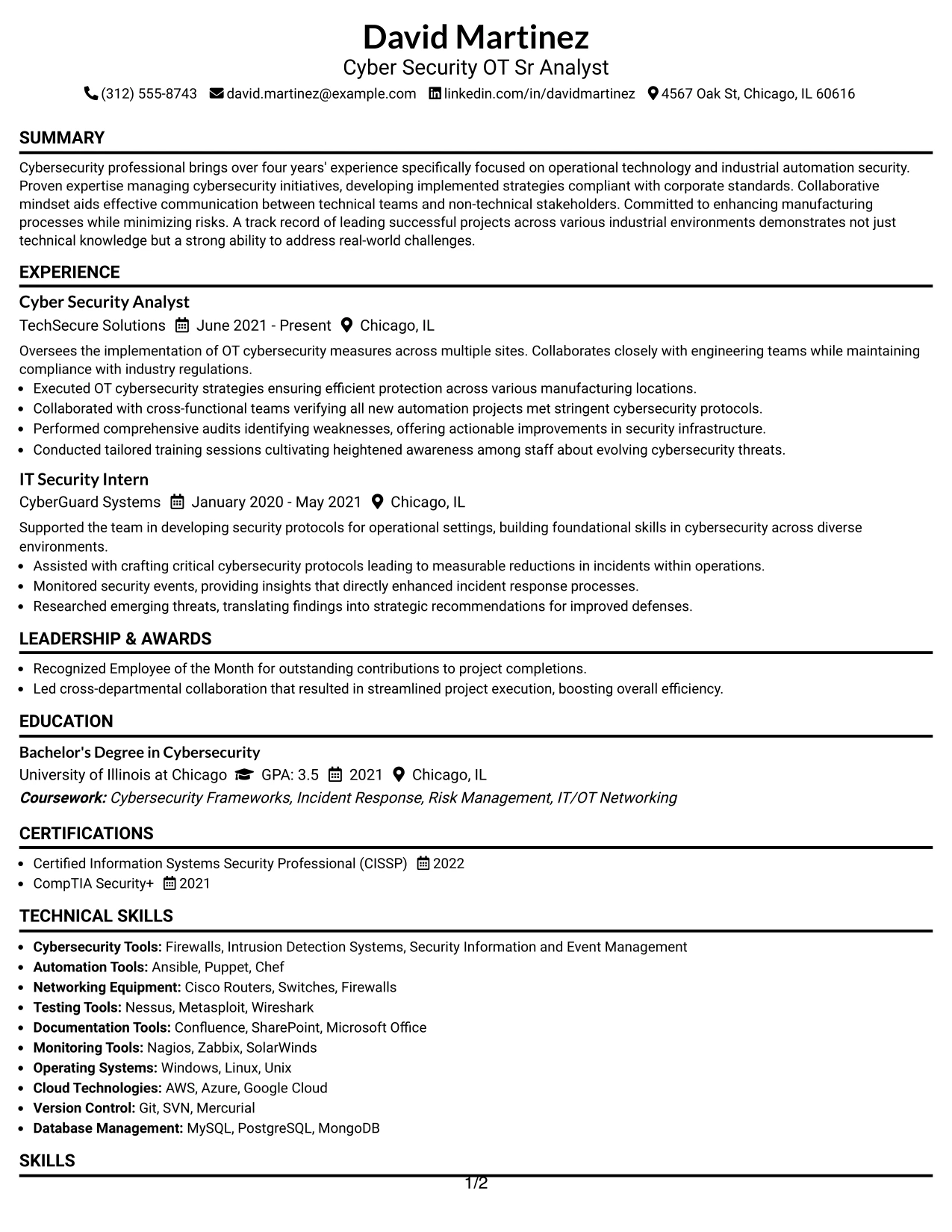 Resume Example Page 1