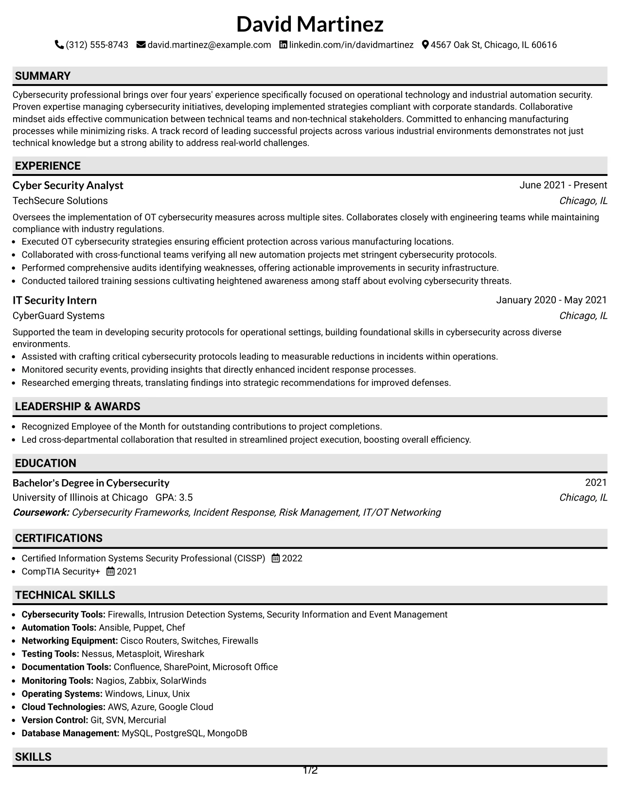 Resume Example Page 1