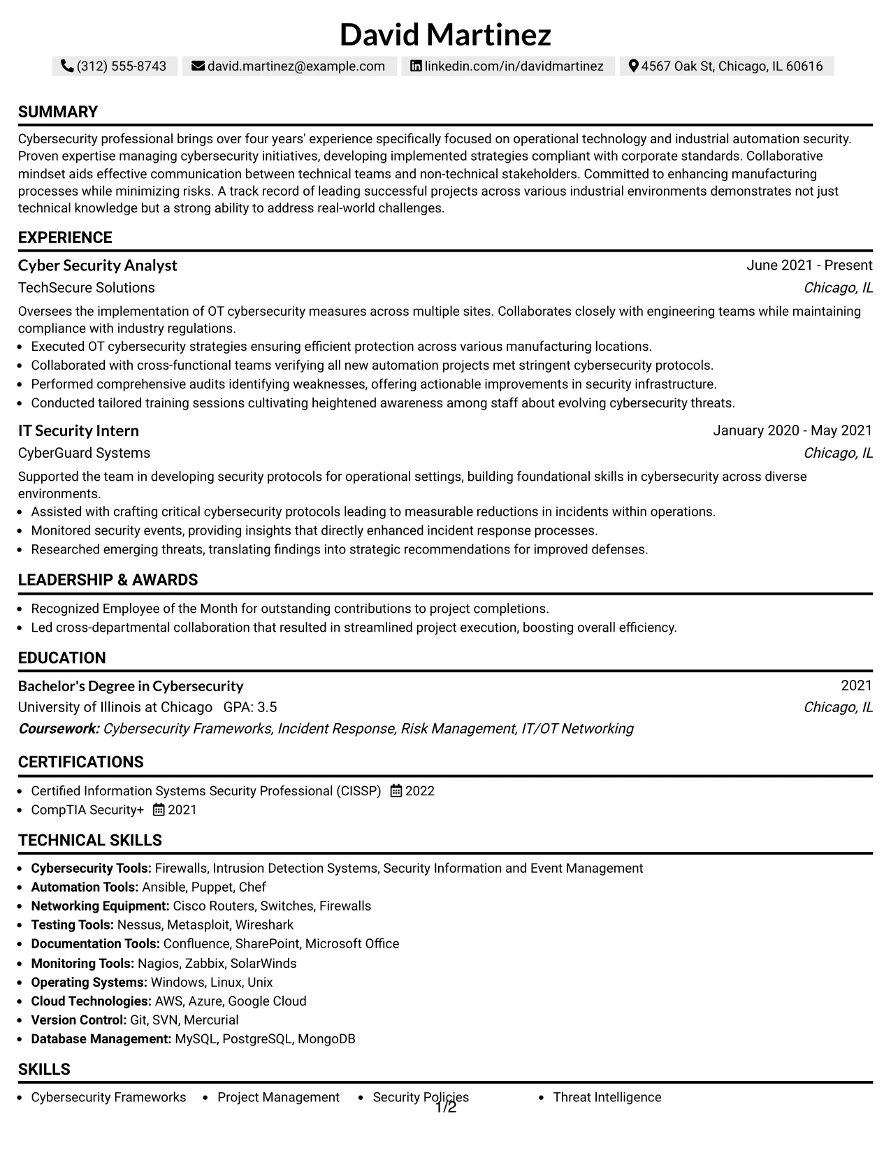 Resume Example Page 1