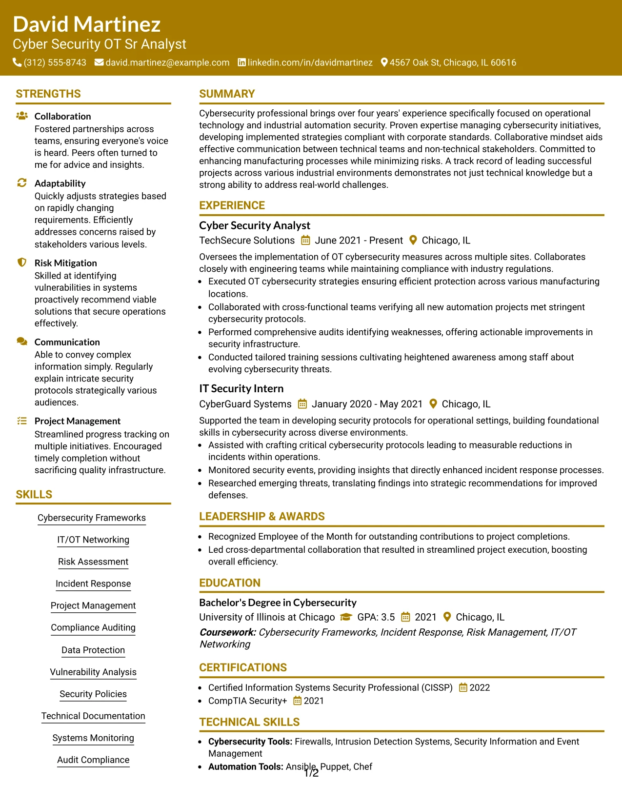 Resume Example Page 1