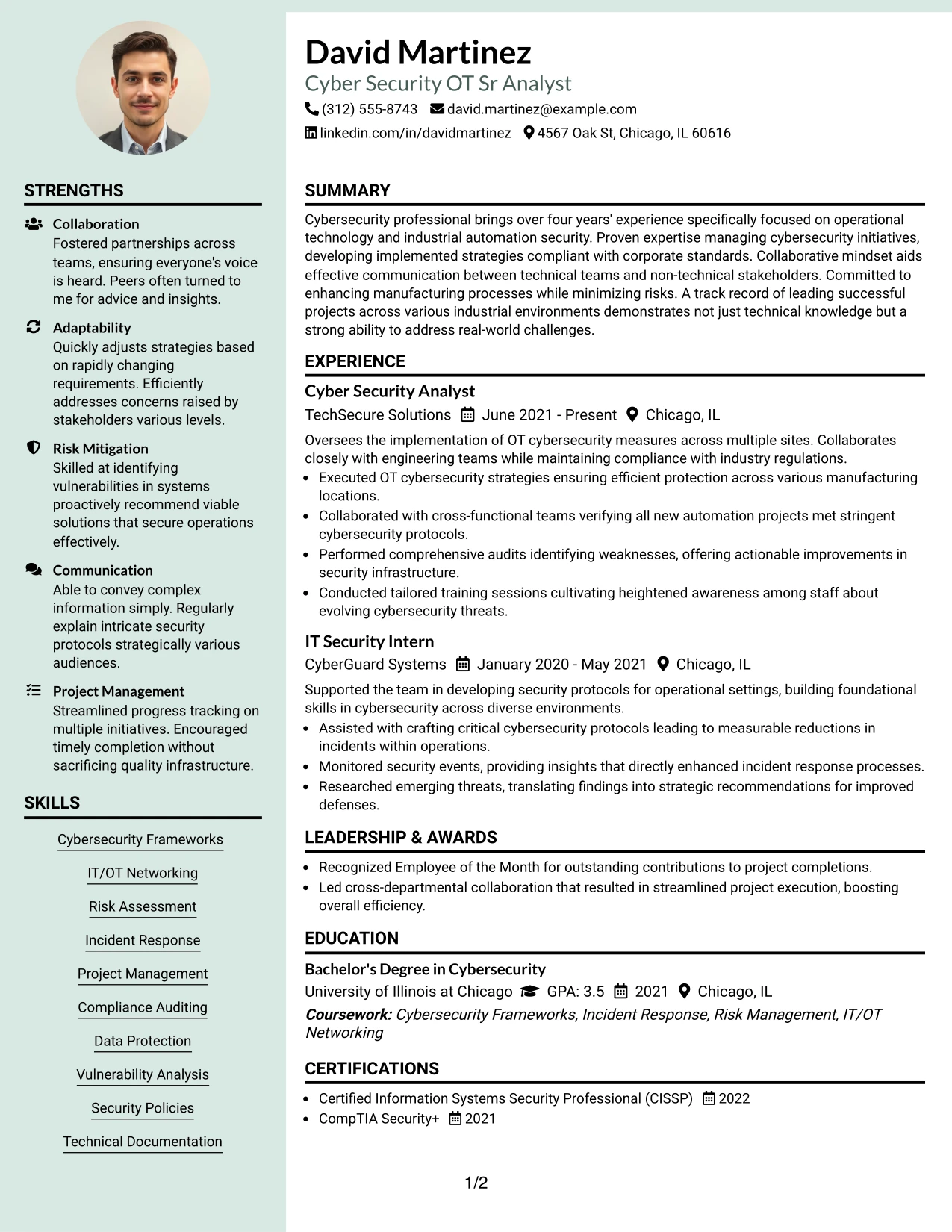 Resume Example Page 1