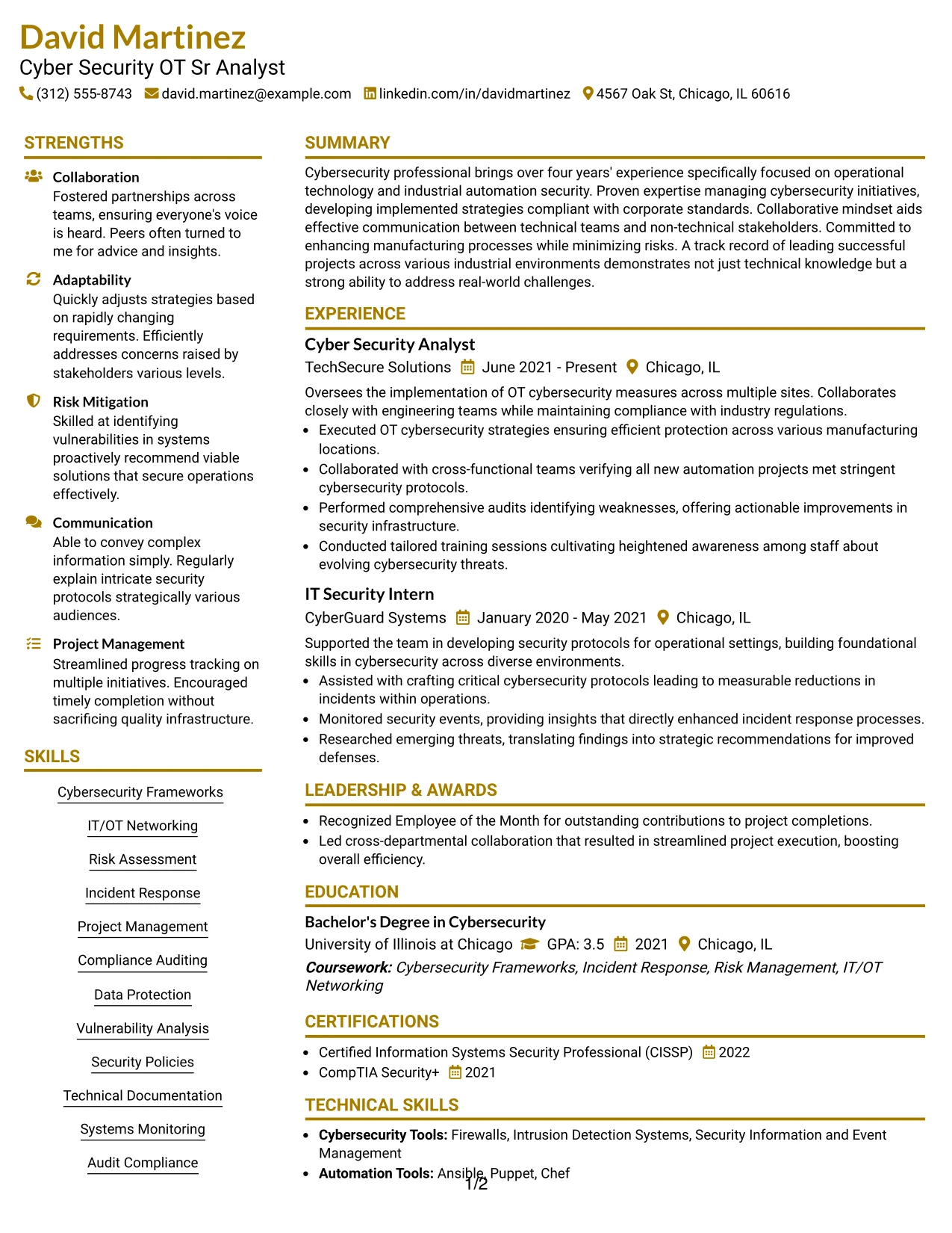 Resume Example Page 1
