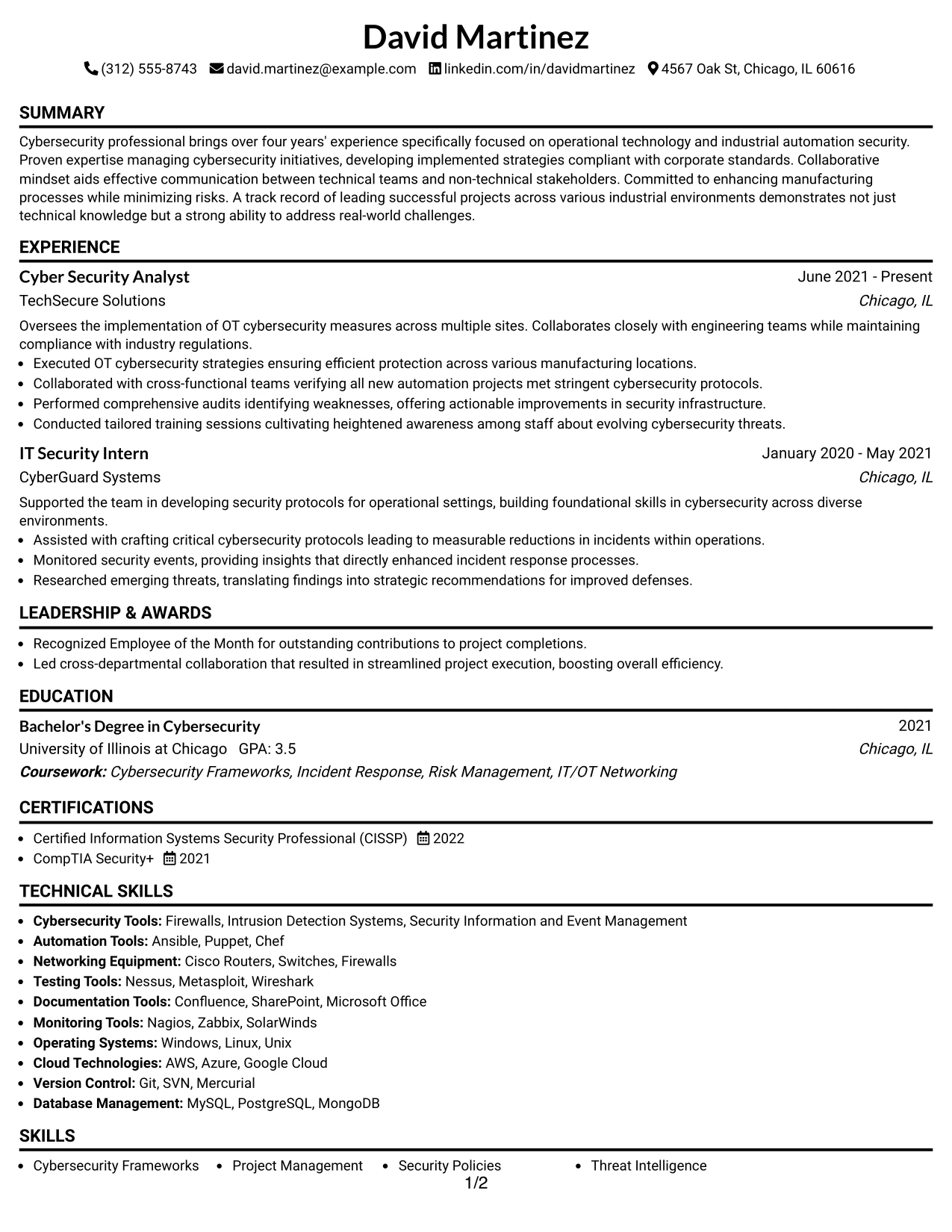 Resume Example Page 1