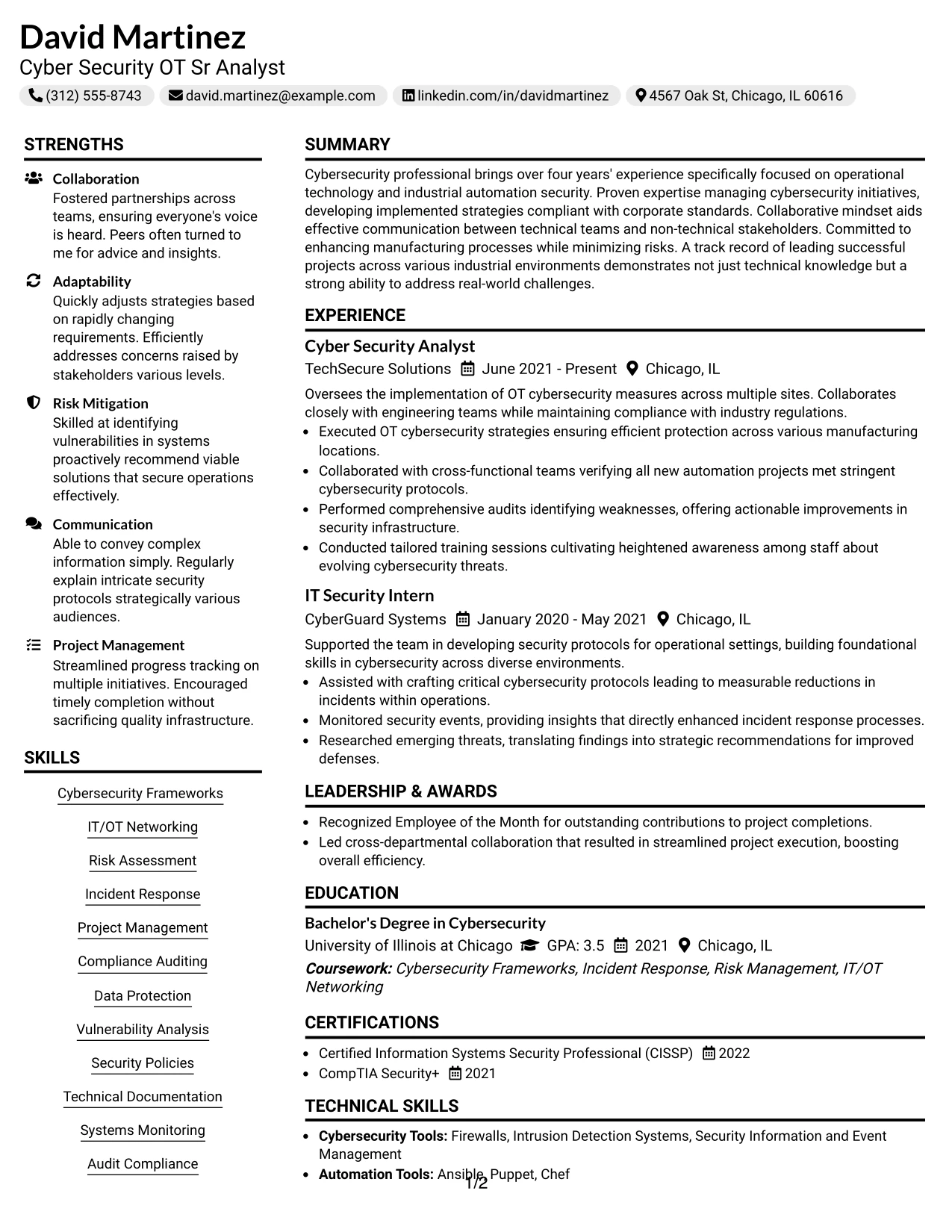 Resume Example Page 1