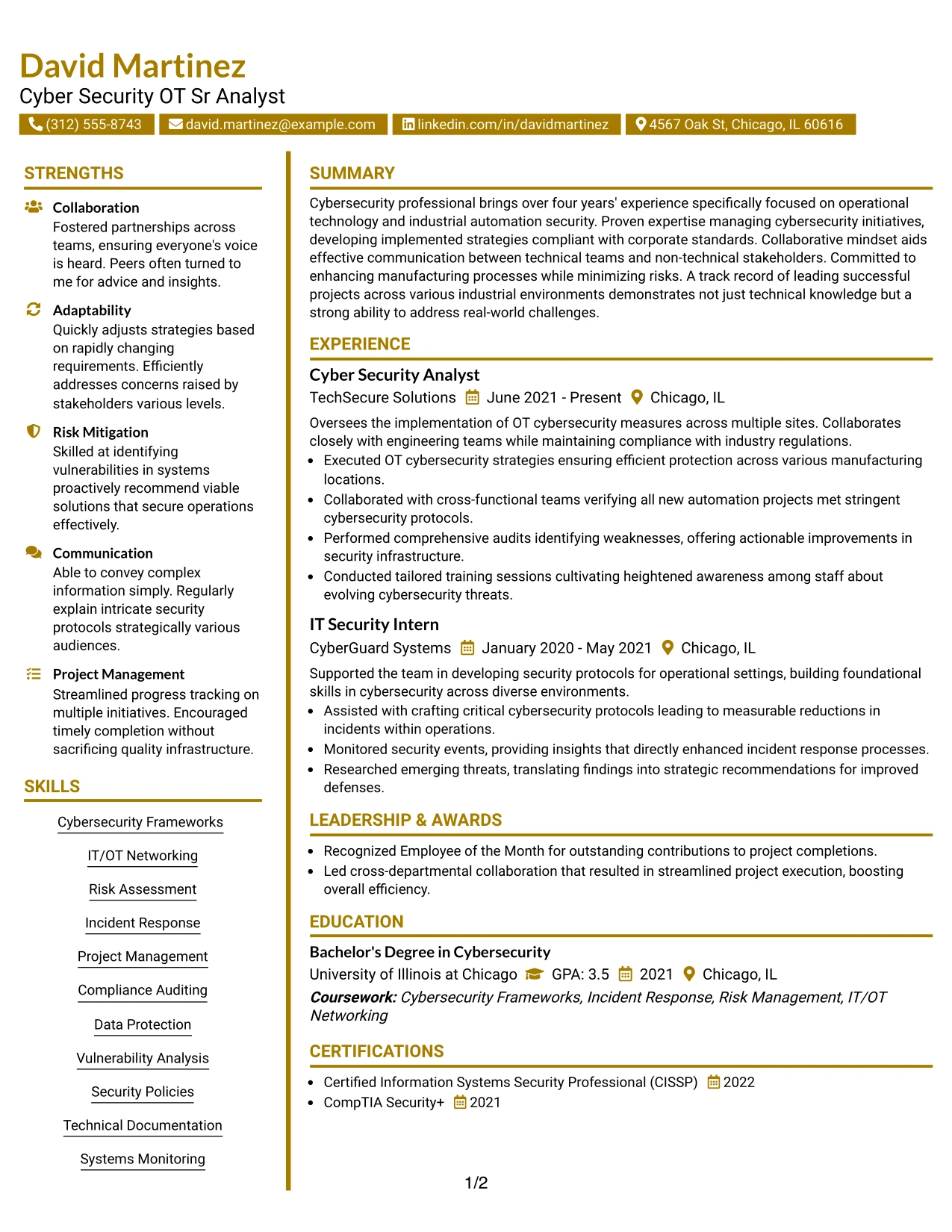 Resume Example Page 1