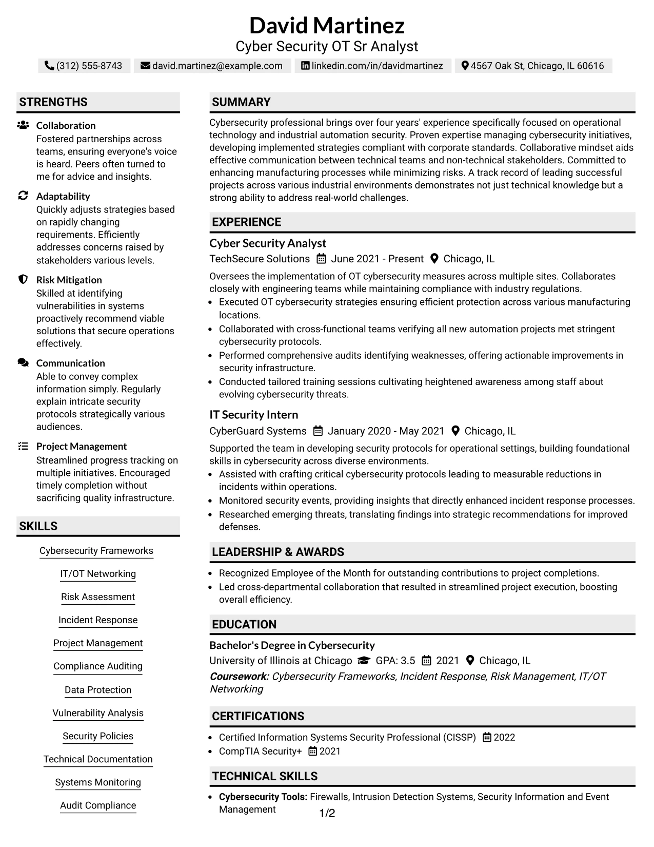 Resume Example Page 1